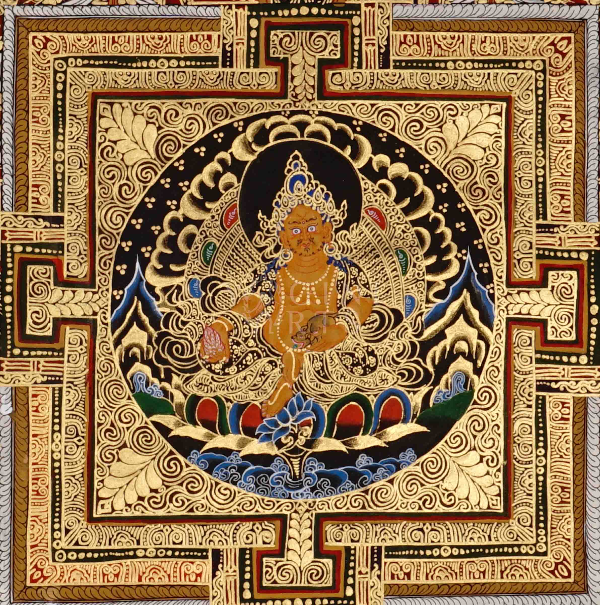 Hand painted Zambhala Mandala thangka depicting Tibetan wealth deity seated within sacred geometric palace on black background