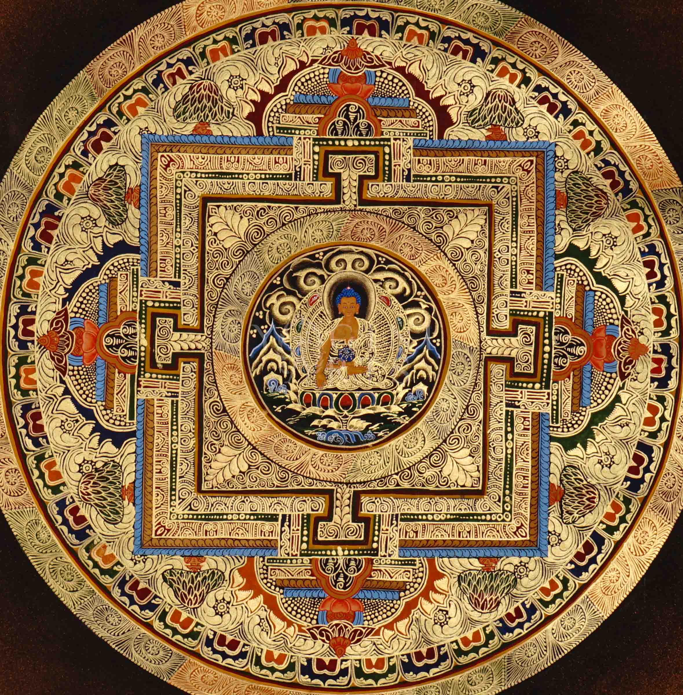 Hand painted Shakyamuni Buddha Mandala thangka depicting the Buddha seated within sacred geometric palace on dark background