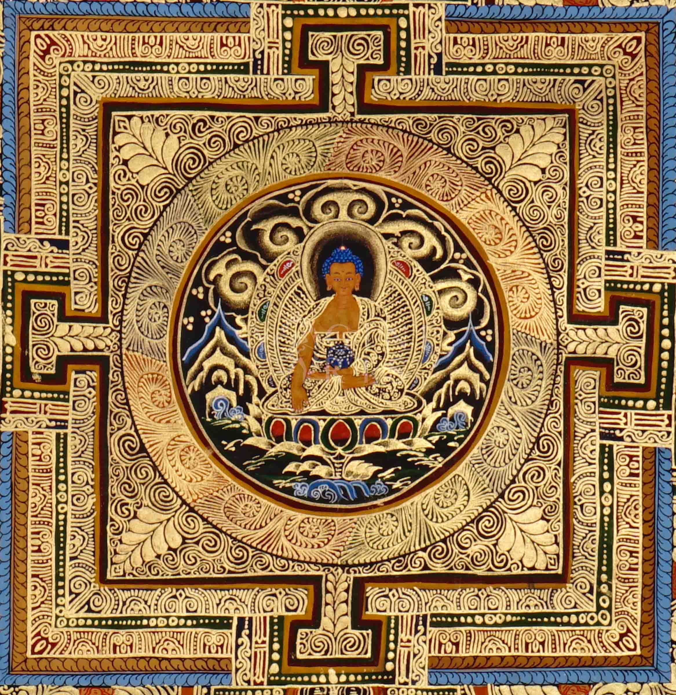 Hand painted Shakyamuni Buddha Mandala thangka depicting the Buddha seated within sacred geometric palace on dark background