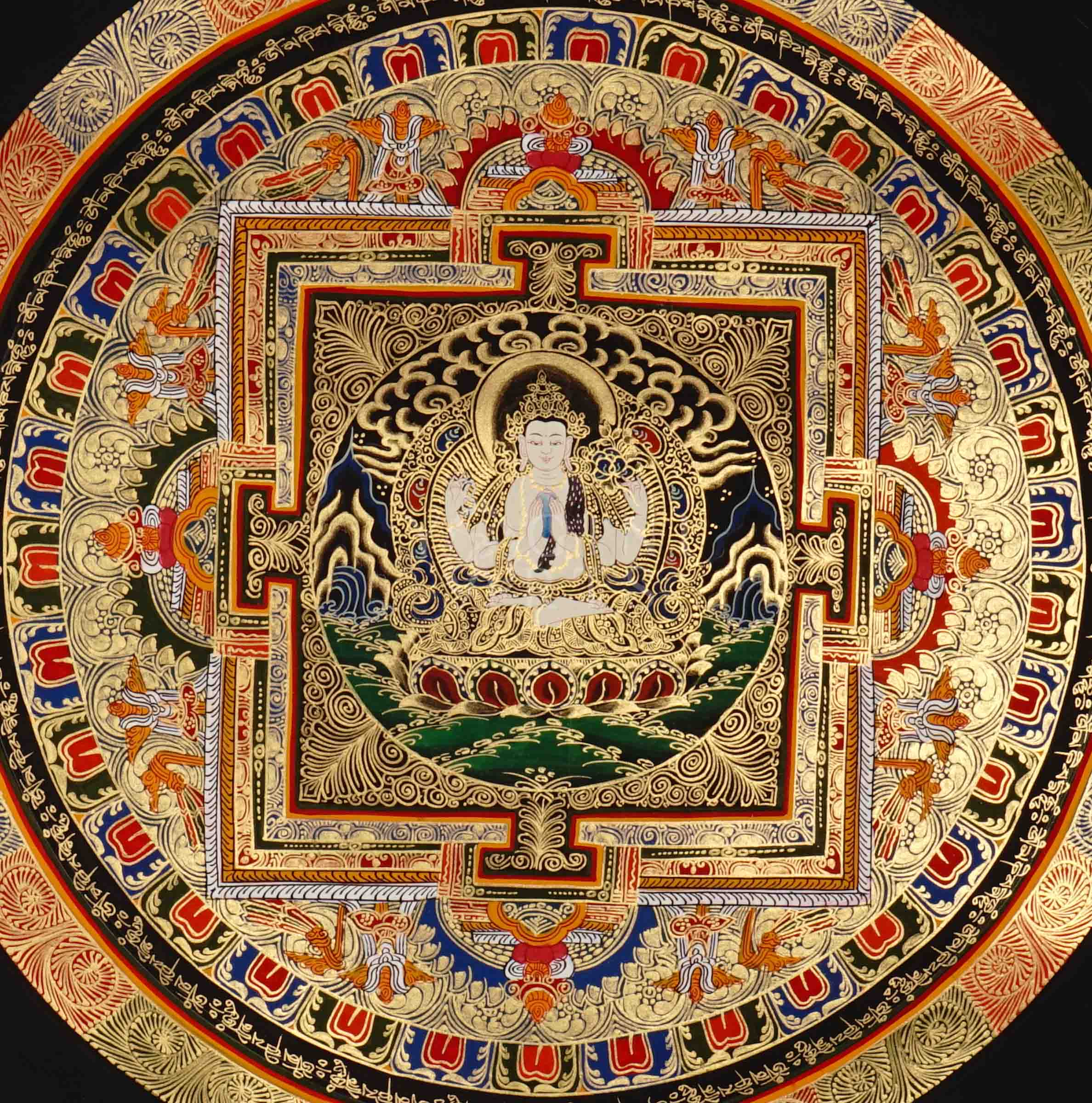 Hand painted Chenrezig Mandala thangka depicting Avalokiteshvara seated within sacred geometric palace on dark background