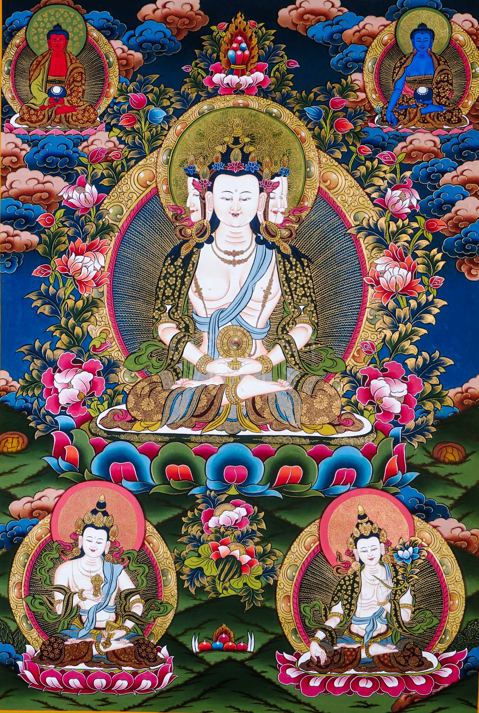 Dari Rulai thangka featuring a peaceful white Buddhist deity surrounded by Amitabha Buddha, Medicine Buddha, lotus flowers, and sacred Himalayan symbolism