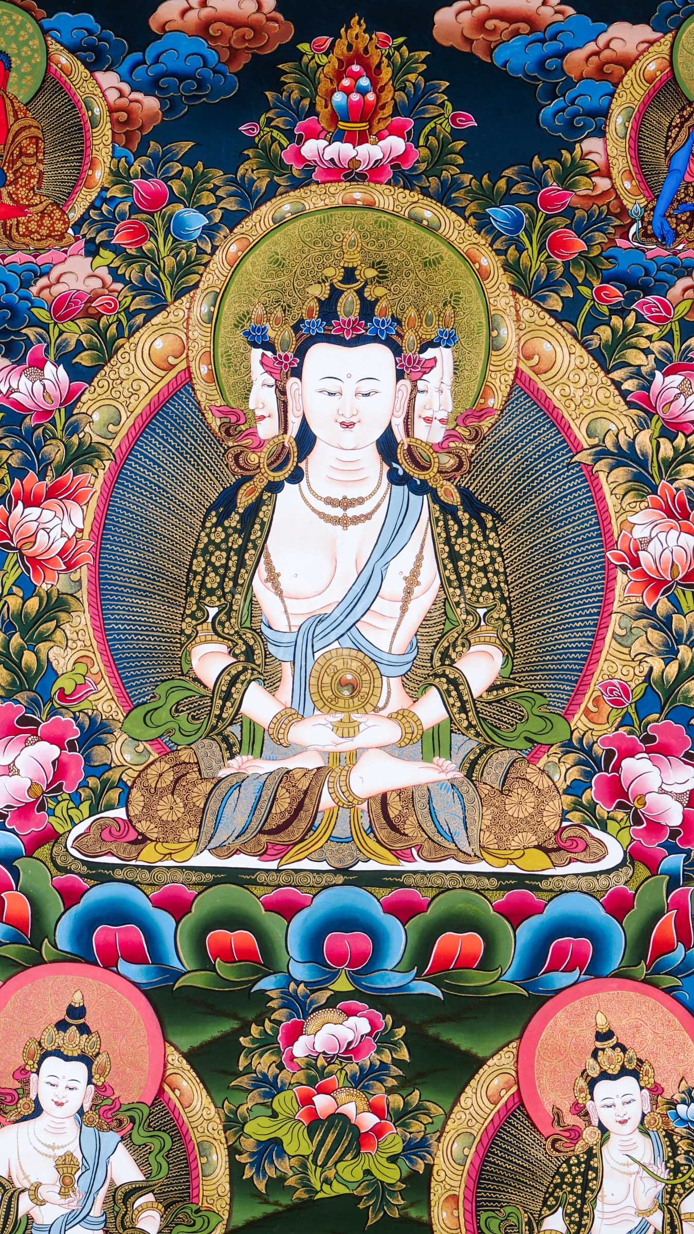 Dari Rulai thangka featuring a peaceful white Buddhist deity surrounded by Amitabha Buddha, Medicine Buddha, lotus flowers, and sacred Himalayan symbolism