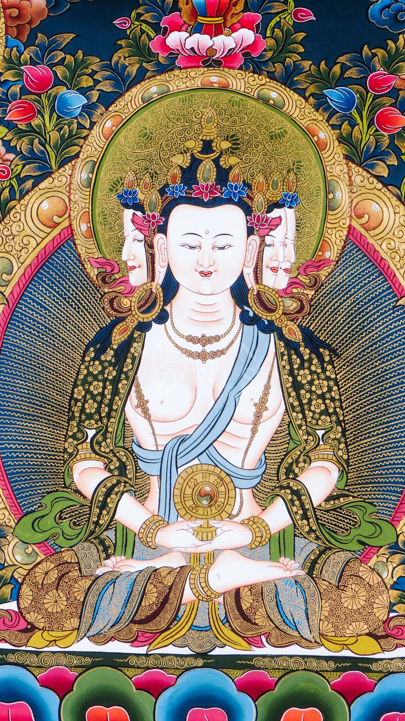 Dari Rulai thangka featuring a peaceful white Buddhist deity surrounded by Amitabha Buddha, Medicine Buddha, lotus flowers, and sacred Himalayan symbolism