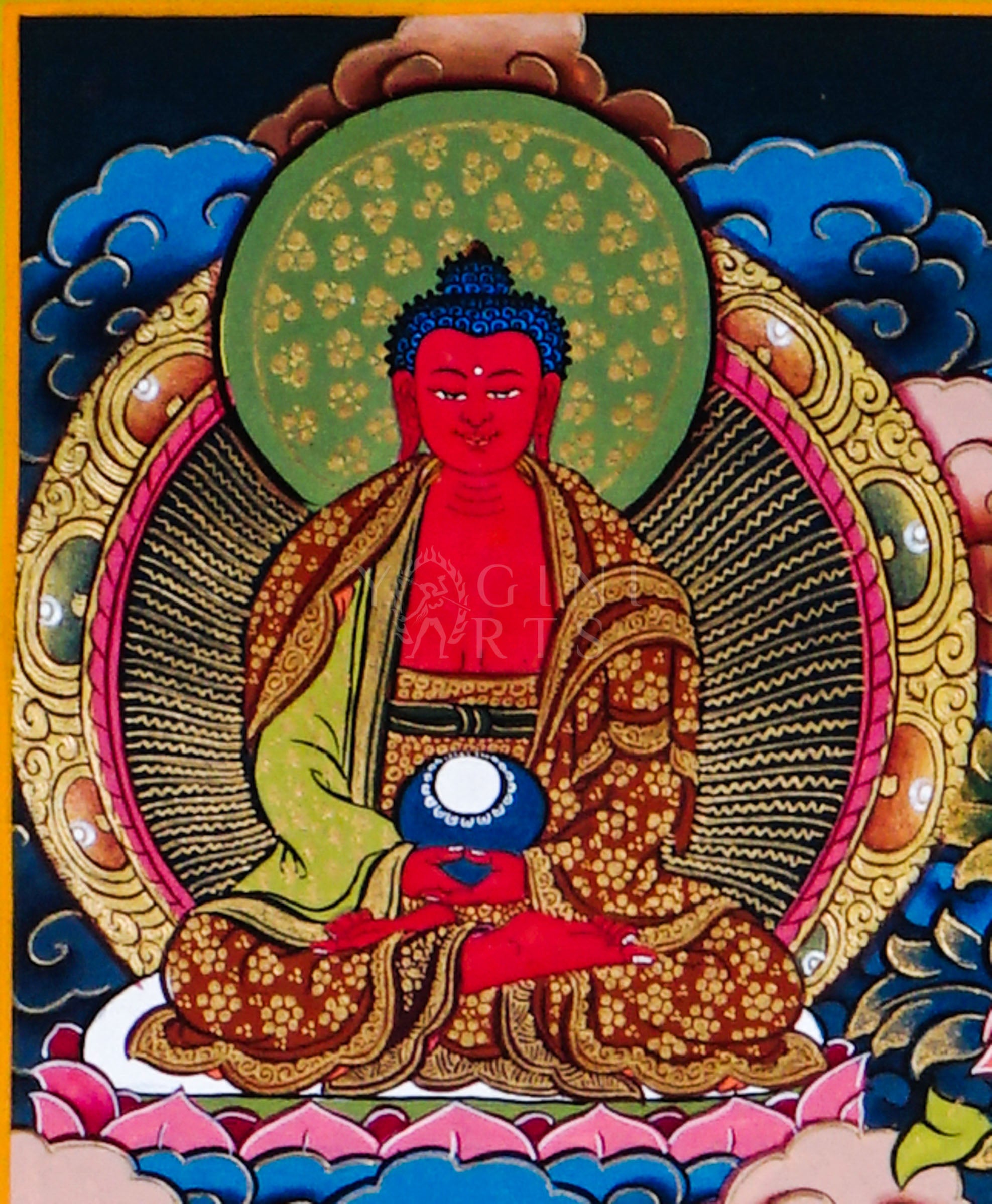 Dari Rulai thangka featuring a peaceful white Buddhist deity surrounded by Amitabha Buddha, Medicine Buddha, lotus flowers, and sacred Himalayan symbolism