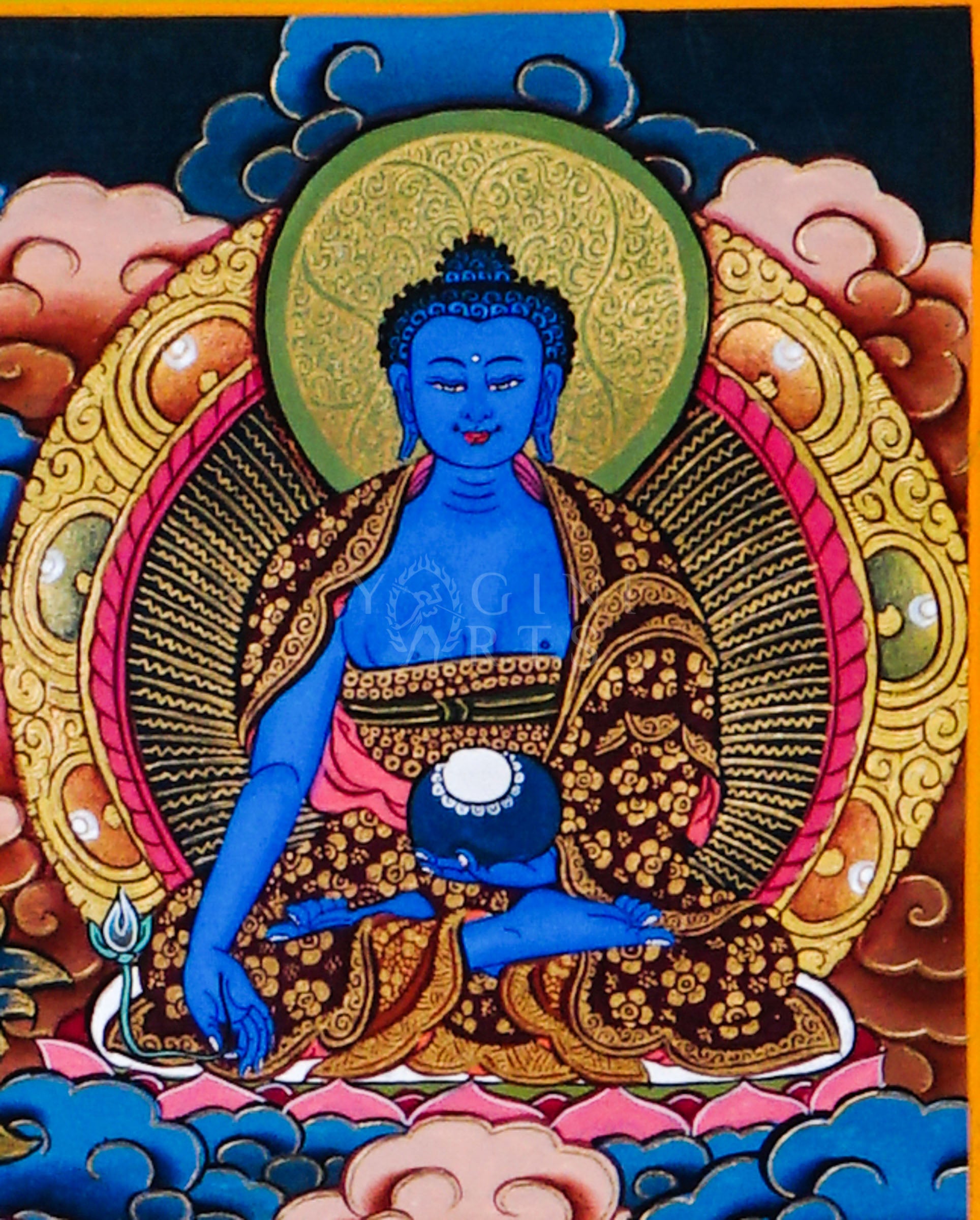 Dari Rulai thangka featuring a peaceful white Buddhist deity surrounded by Amitabha Buddha, Medicine Buddha, lotus flowers, and sacred Himalayan symbolism