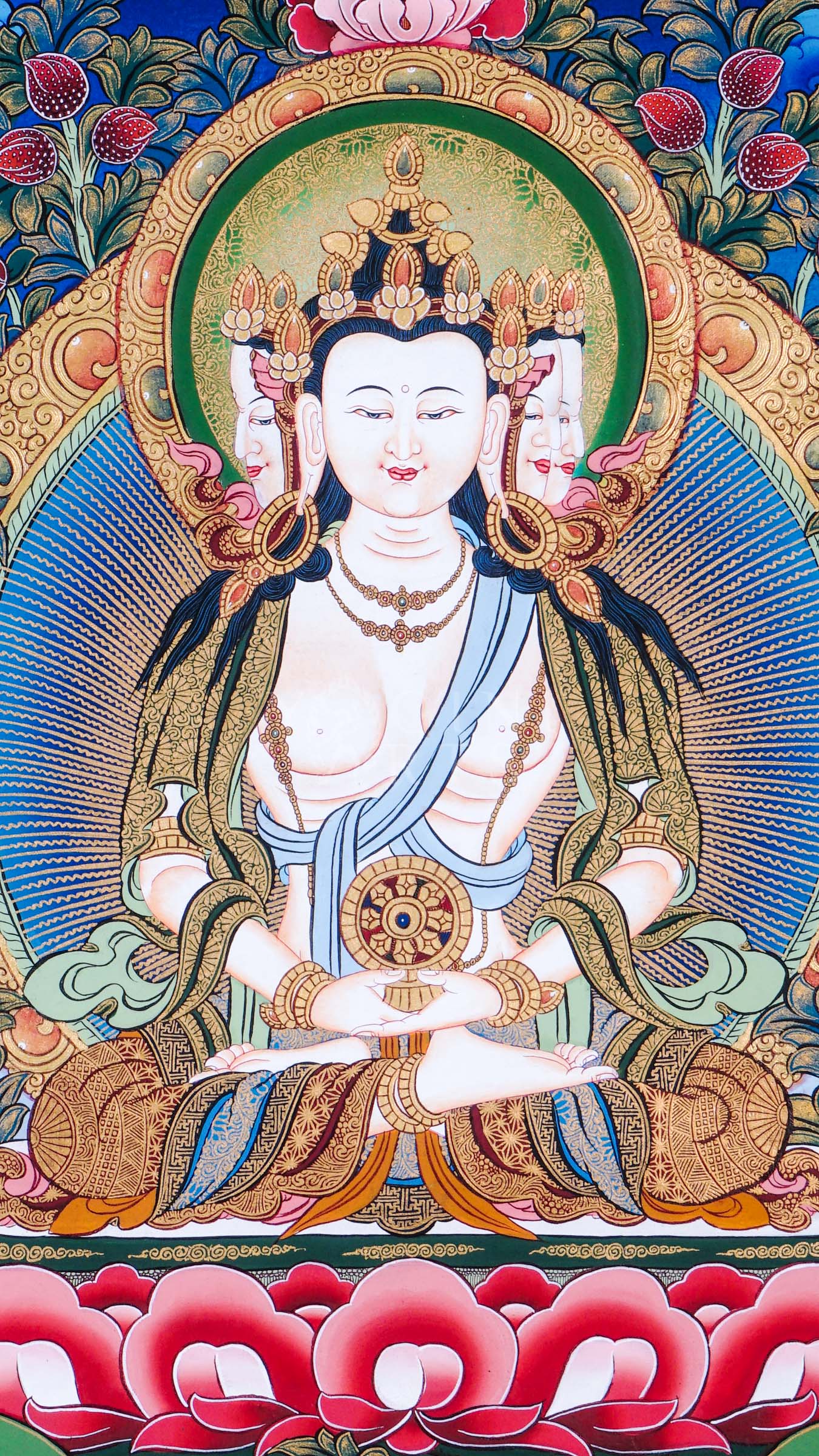 Dari Rulai thangka featuring a peaceful multi-faced white Buddhist deity holding a Dharma wheel surrounded by Amitabha Buddha, Medicine Buddha, lotus flowers, and sacred Himalayan symbolism