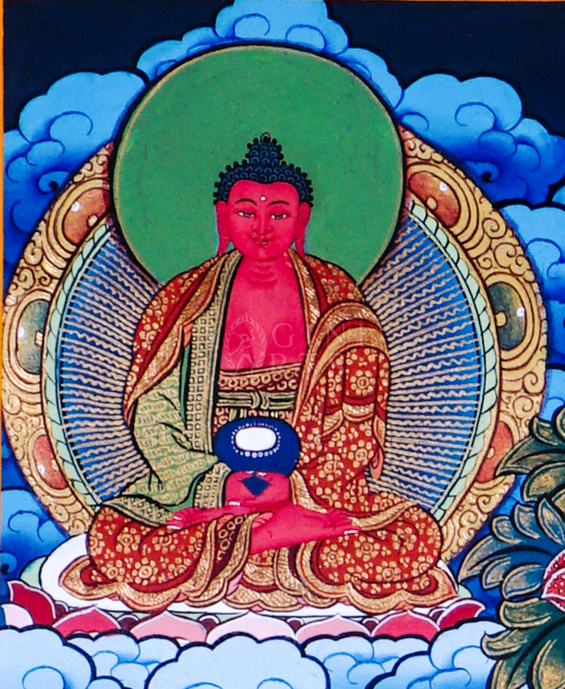 Dari Rulai thangka featuring a peaceful multi-faced white Buddhist deity holding a Dharma wheel surrounded by Amitabha Buddha, Medicine Buddha, lotus flowers, and sacred Himalayan symbolism