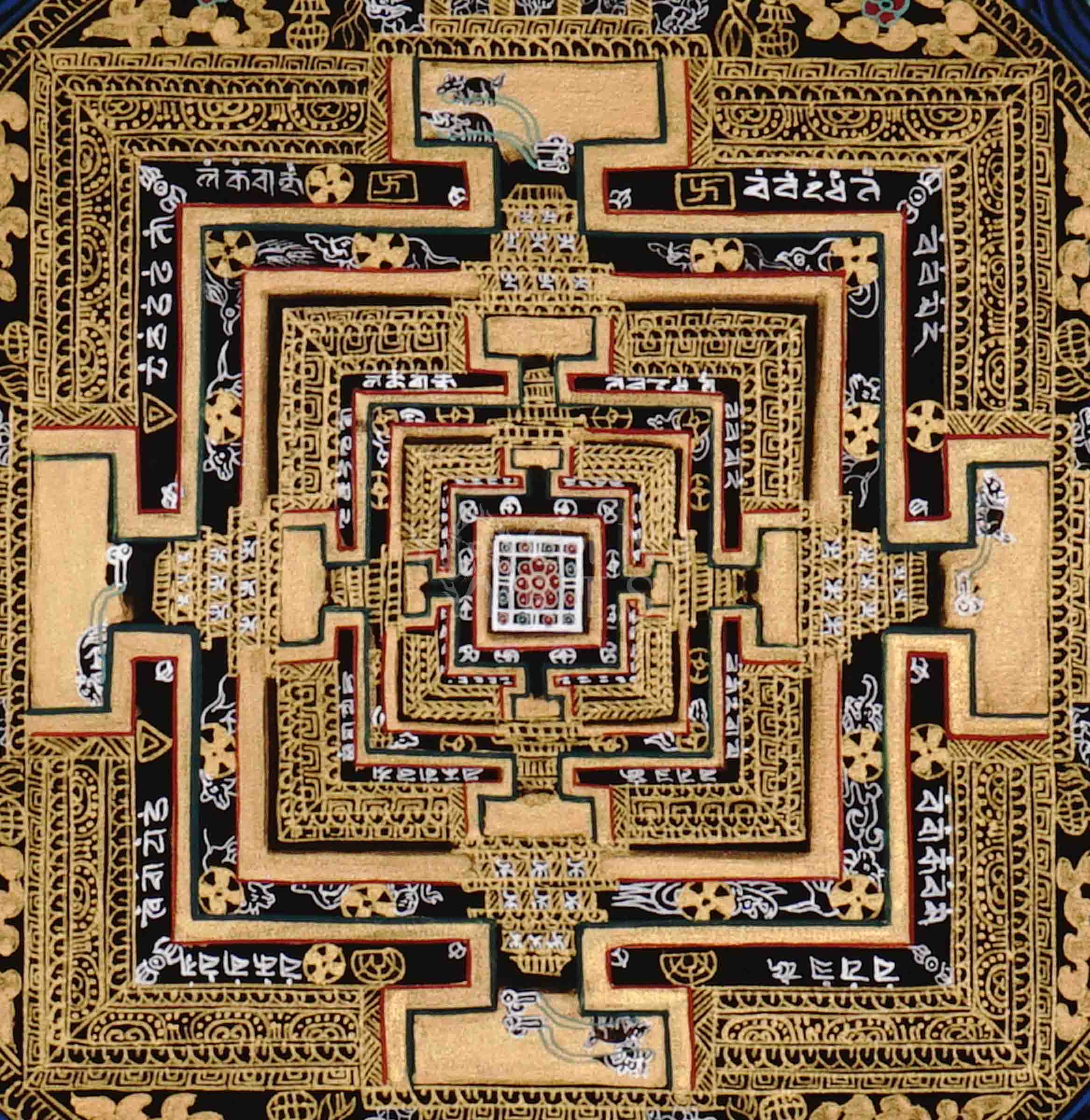 Hand painted black and gold Kalachakra Mandala thangka depicting Tibetan Wheel of Time sacred palace with concentric mantra rings