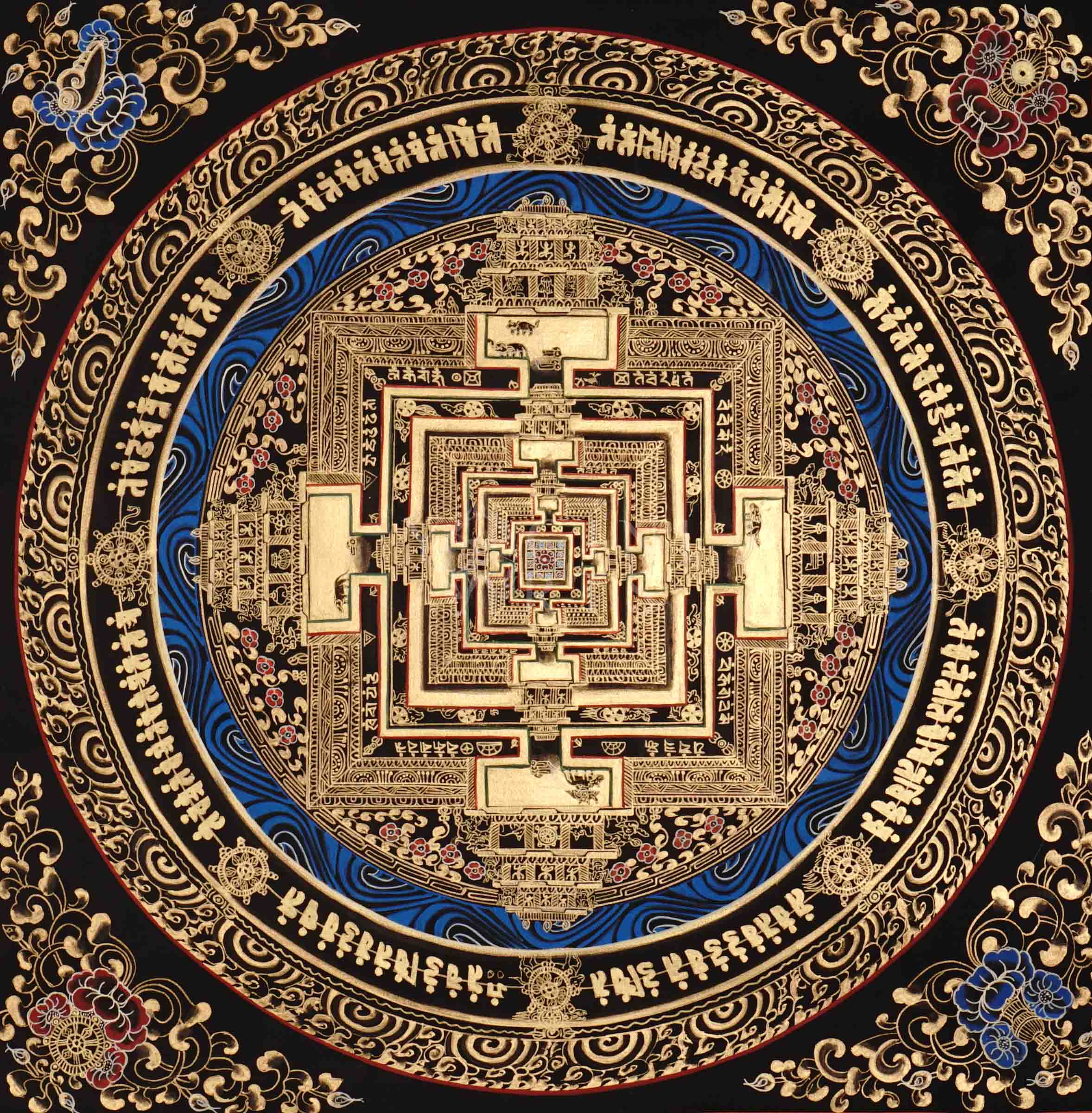 Hand painted black and gold Kalachakra Mandala thangka with blue concentric rings and Tibetan mantra inscriptions