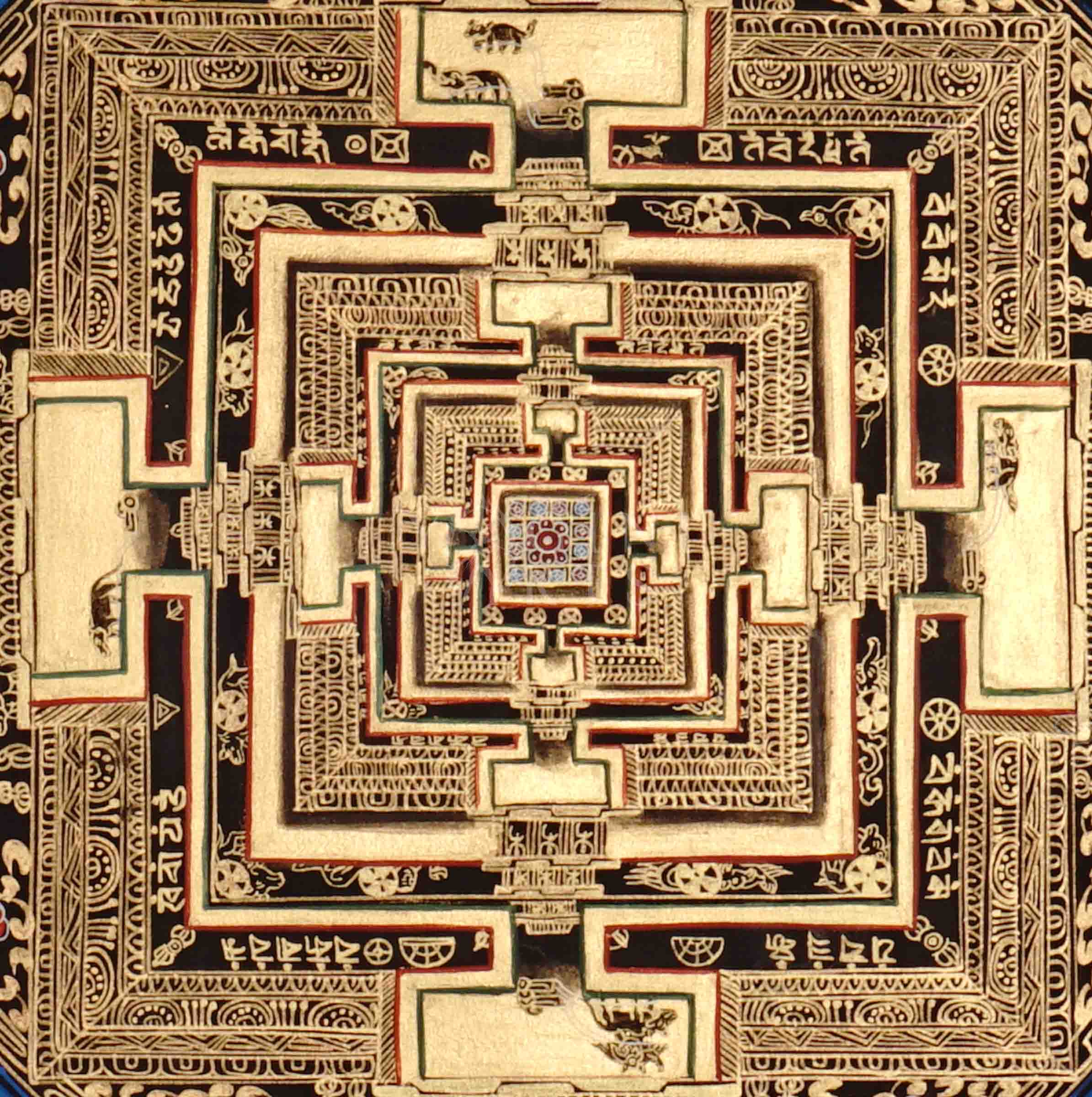 Hand painted black and gold Kalachakra Mandala thangka with blue concentric rings and Tibetan mantra inscriptions