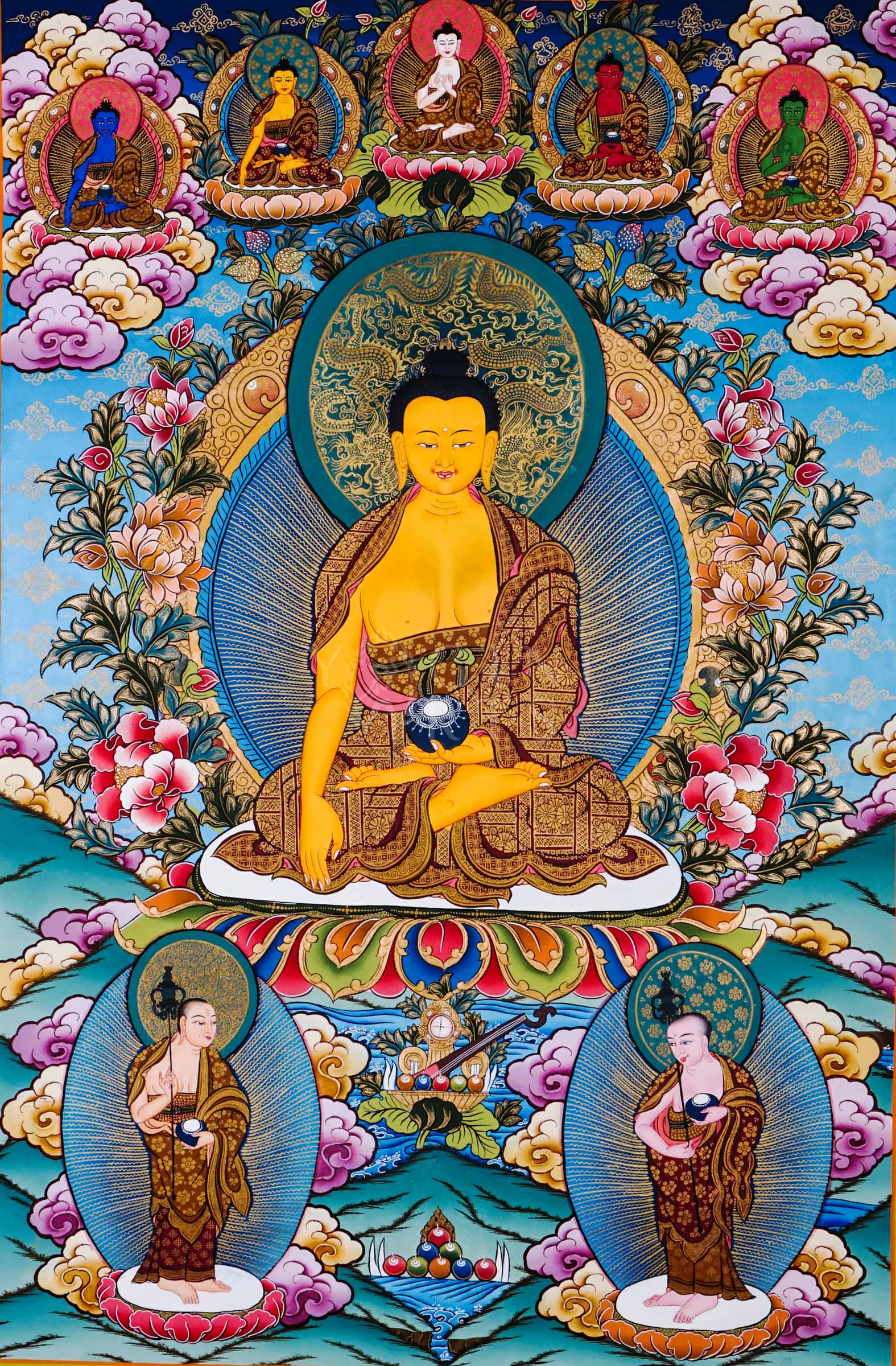 Shakyamuni Buddha thangka featuring the historical Buddha seated on a lotus throne surrounded by Five Dhyani Buddhas, lotus flowers, disciples, and sacred Himalayan symbolism