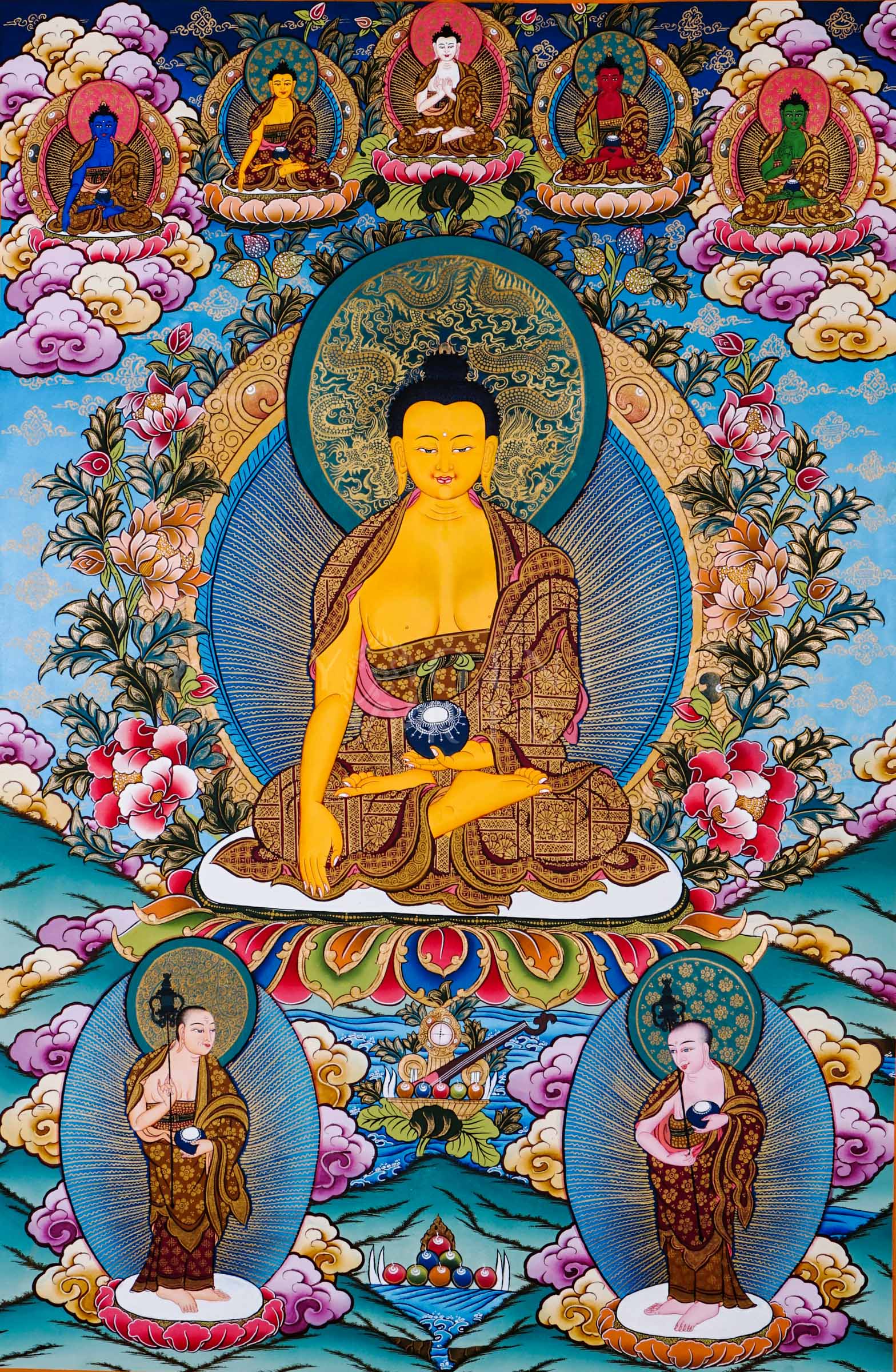 Shakyamuni Buddha thangka featuring the historical Buddha seated on a lotus throne surrounded by Five Dhyani Buddhas, lotus flowers, disciples, and sacred Himalayan symbolism