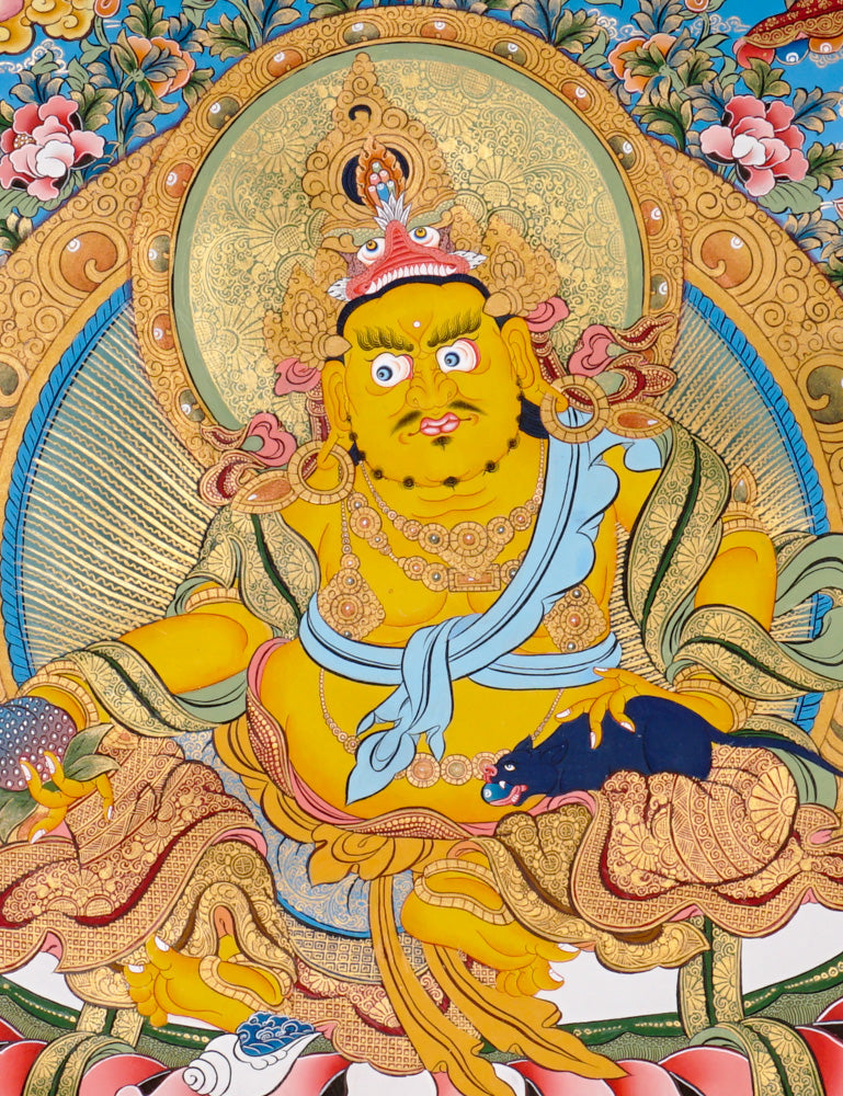 Hand-painted Yellow Zambhala thangka showing wealth deity with mongoose, fruit, and treasure offerings.