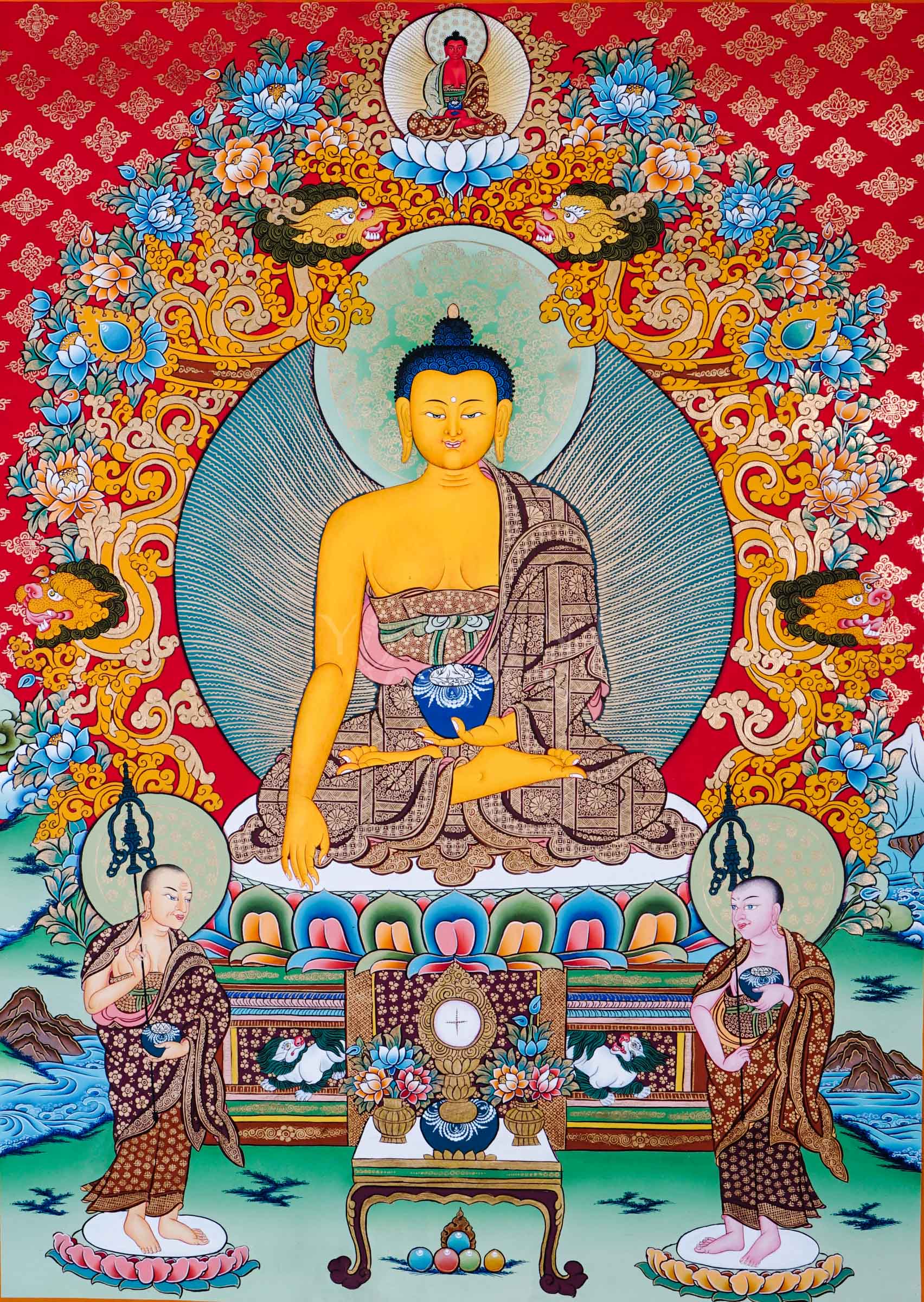 Shakyamuni Buddha thangka featuring the historical Buddha seated on a lotus throne with disciples, Amitabha Buddha, sacred floral ornamentation, and traditional Himalayan Buddhist symbolism