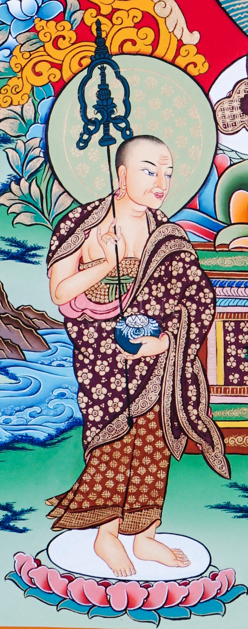 Shakyamuni Buddha thangka featuring the historical Buddha seated on a lotus throne with disciples, Amitabha Buddha, sacred floral ornamentation, and traditional Himalayan Buddhist symbolism