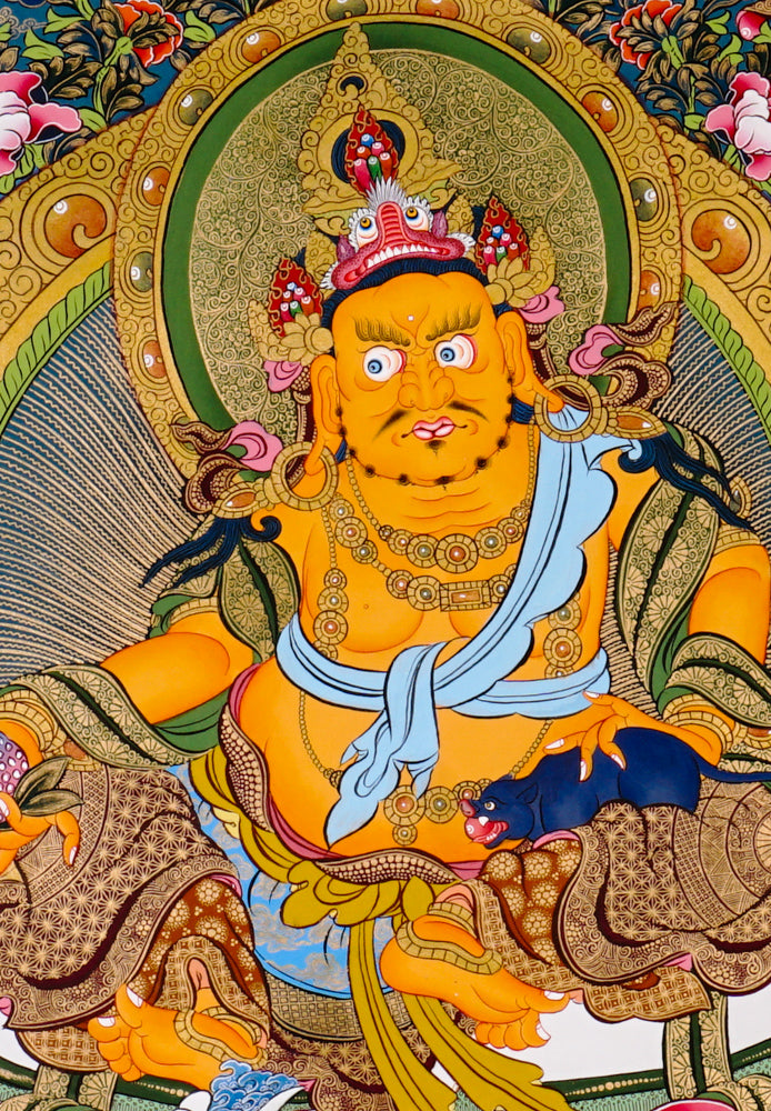 Yellow Zambhala thangka with attendants offering treasures and wealth symbols.
