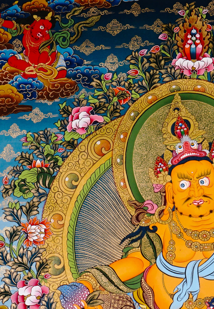 Yellow Zambhala thangka with attendants offering treasures and wealth symbols.