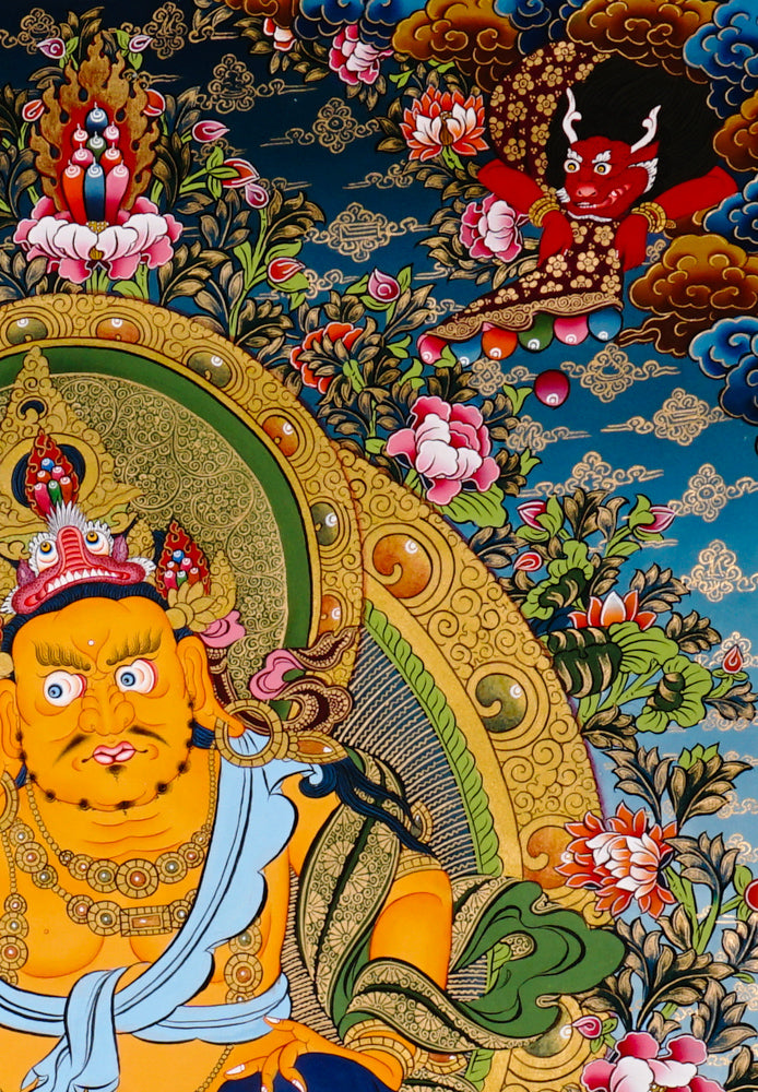 Yellow Zambhala thangka with attendants offering treasures and wealth symbols.
