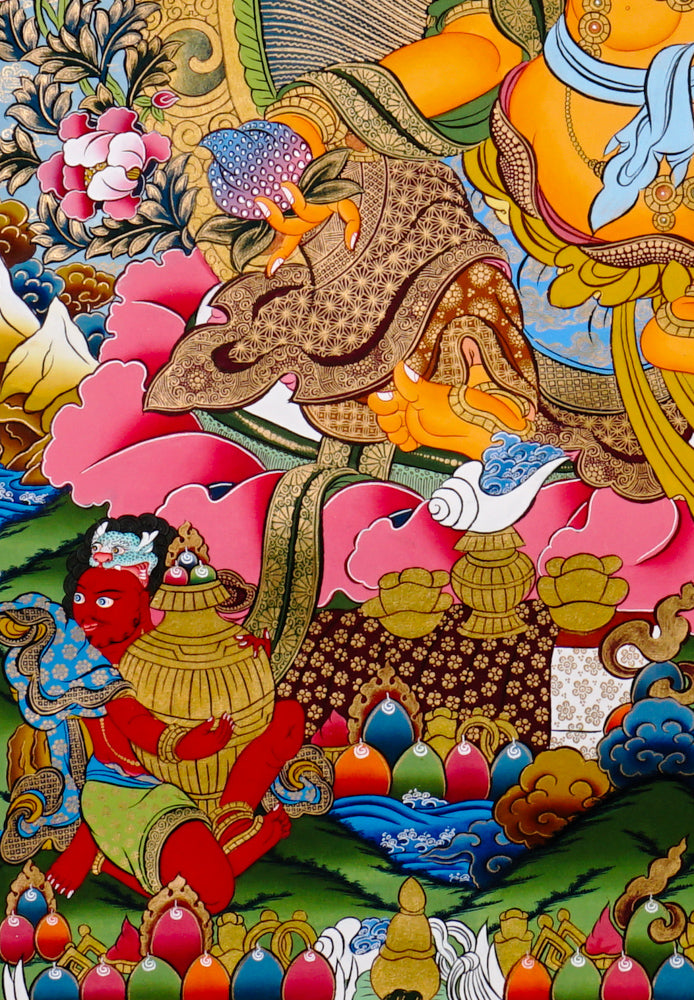 Yellow Zambhala thangka with attendants offering treasures and wealth symbols.