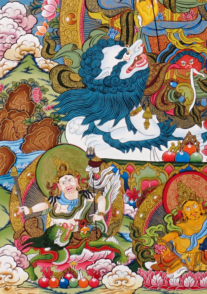 Hand-painted Singh Zambhala thangka showing wealth deity riding a snow lion, holding mongoose, surrounded by vibrant clouds and offerings.