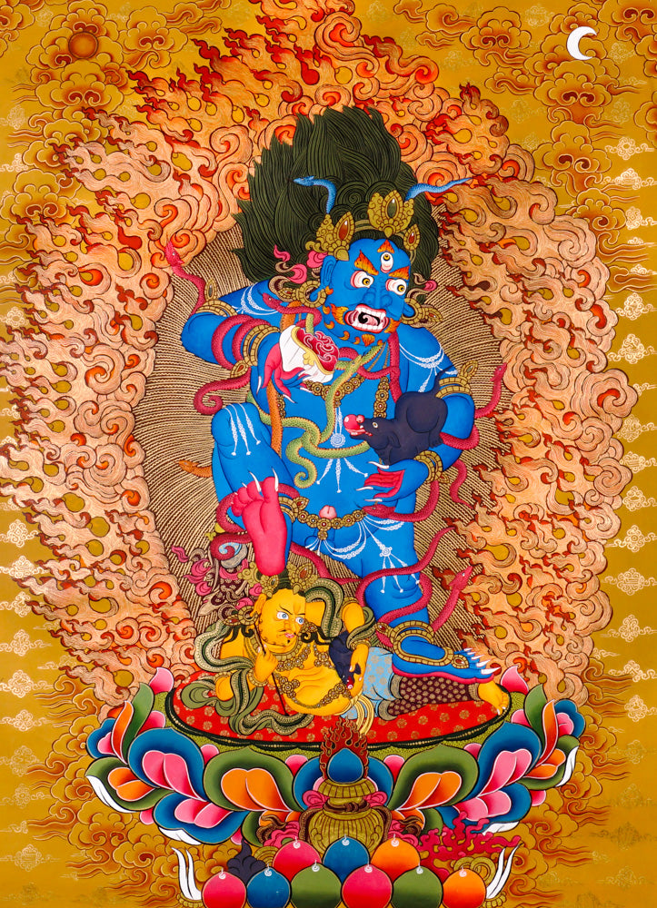 Black Zambhala wrathful thangka with flames, mongoose, and subdued figure symbolizing obstacle removal.