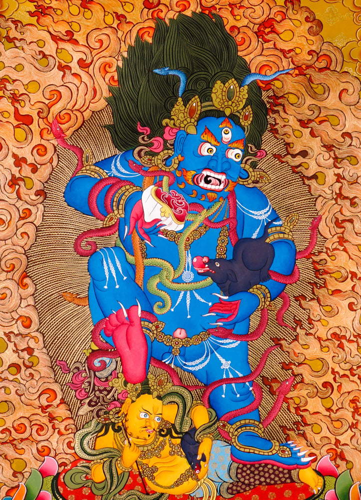 Black Zambhala wrathful thangka with flames, mongoose, and subdued figure symbolizing obstacle removal.
