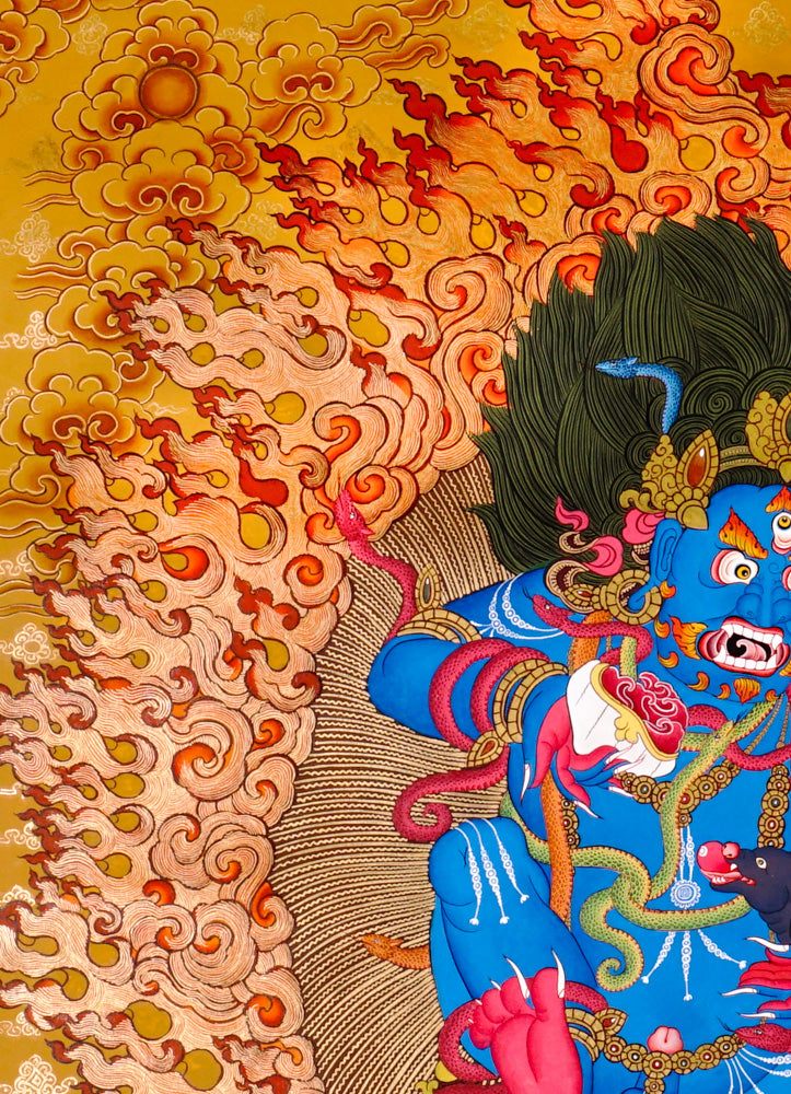 Black Zambhala wrathful thangka with flames, mongoose, and subdued figure symbolizing obstacle removal.