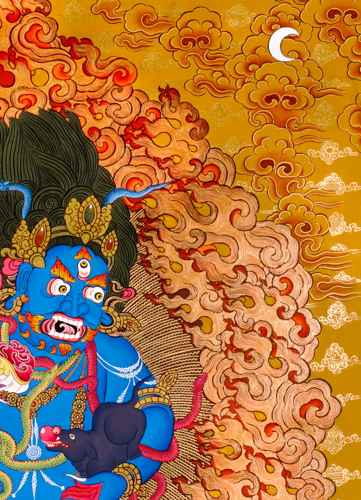 Black Zambhala wrathful thangka with flames, mongoose, and subdued figure symbolizing obstacle removal.