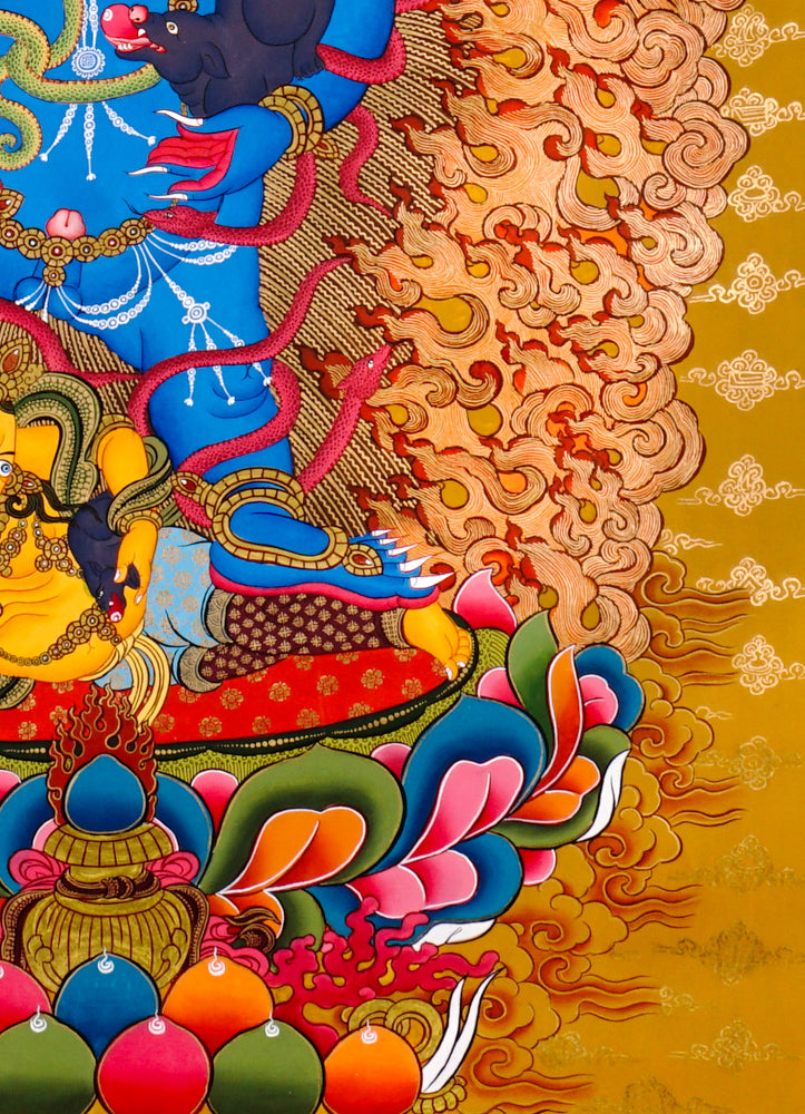 Black Zambhala wrathful thangka with flames, mongoose, and subdued figure symbolizing obstacle removal.