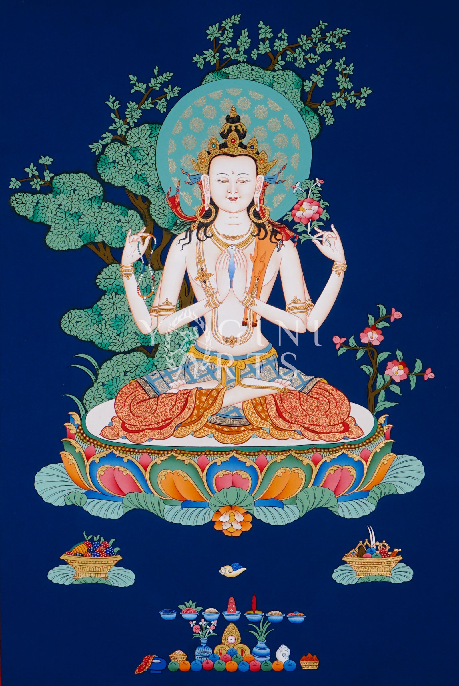 Hand-painted Chenrezig thangka featuring the four-armed Avalokiteshvara seated on a lotus throne with mala beads and lotus flower against a deep blue background