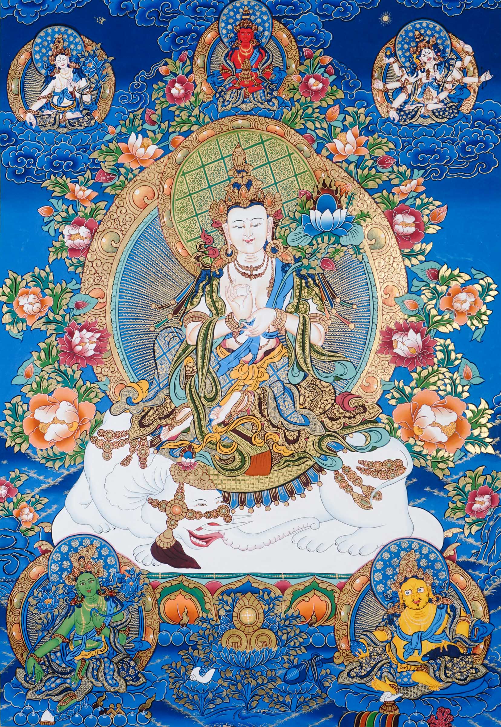 Hand-painted Tibetan thangka of Fusen Fusa (Samantabhadra Bodhisattva) seated on a sacred white elephant surrounded by lotus flowers, celestial deities, and traditional Himalayan Buddhist symbolism
