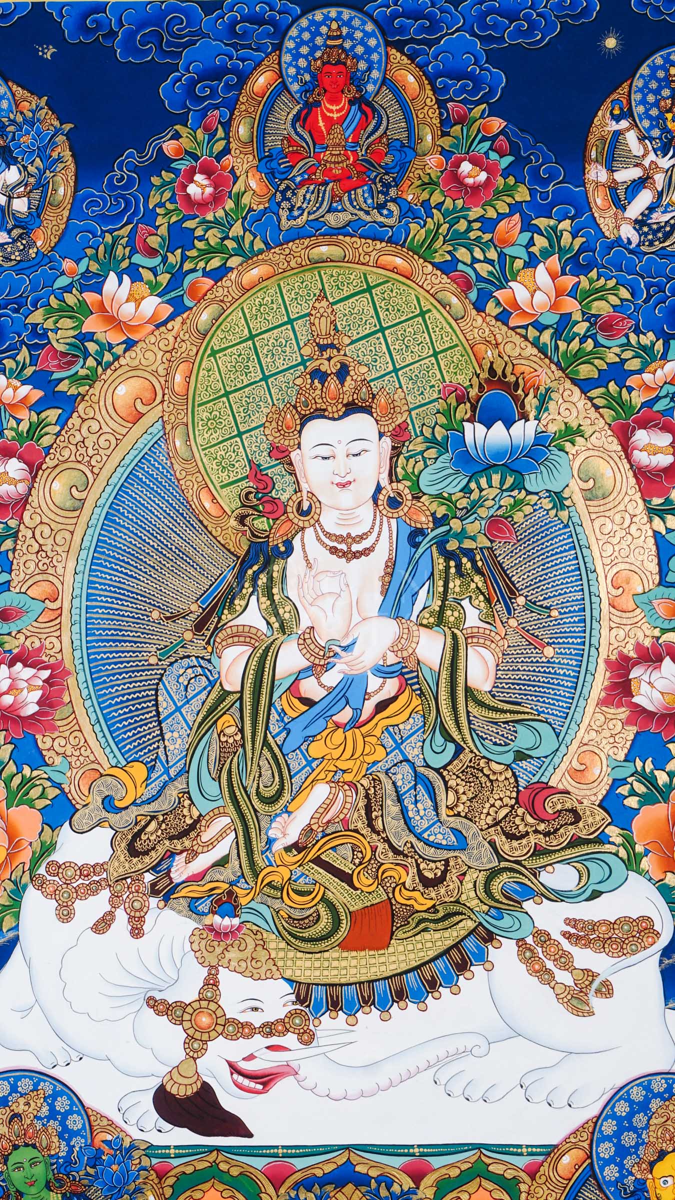 Hand-painted Tibetan thangka of Fusen Fusa (Samantabhadra Bodhisattva) seated on a sacred white elephant surrounded by lotus flowers, celestial deities, and traditional Himalayan Buddhist symbolism