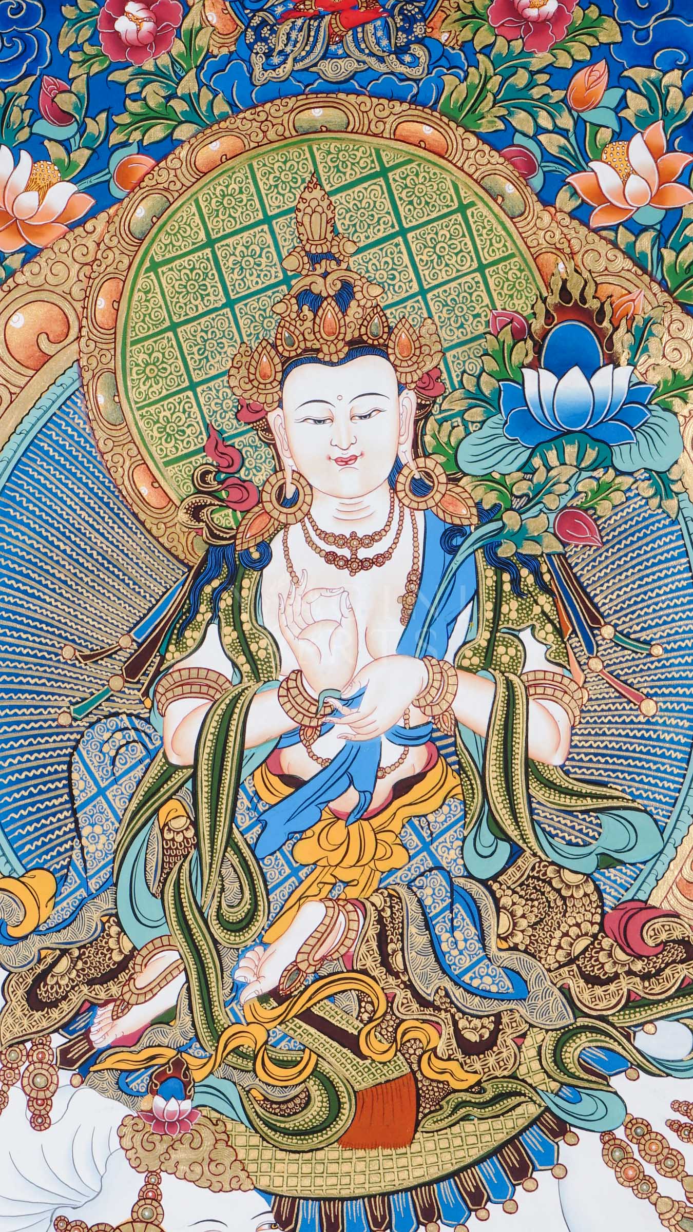 Hand-painted Tibetan thangka of Fusen Fusa (Samantabhadra Bodhisattva) seated on a sacred white elephant surrounded by lotus flowers, celestial deities, and traditional Himalayan Buddhist symbolism