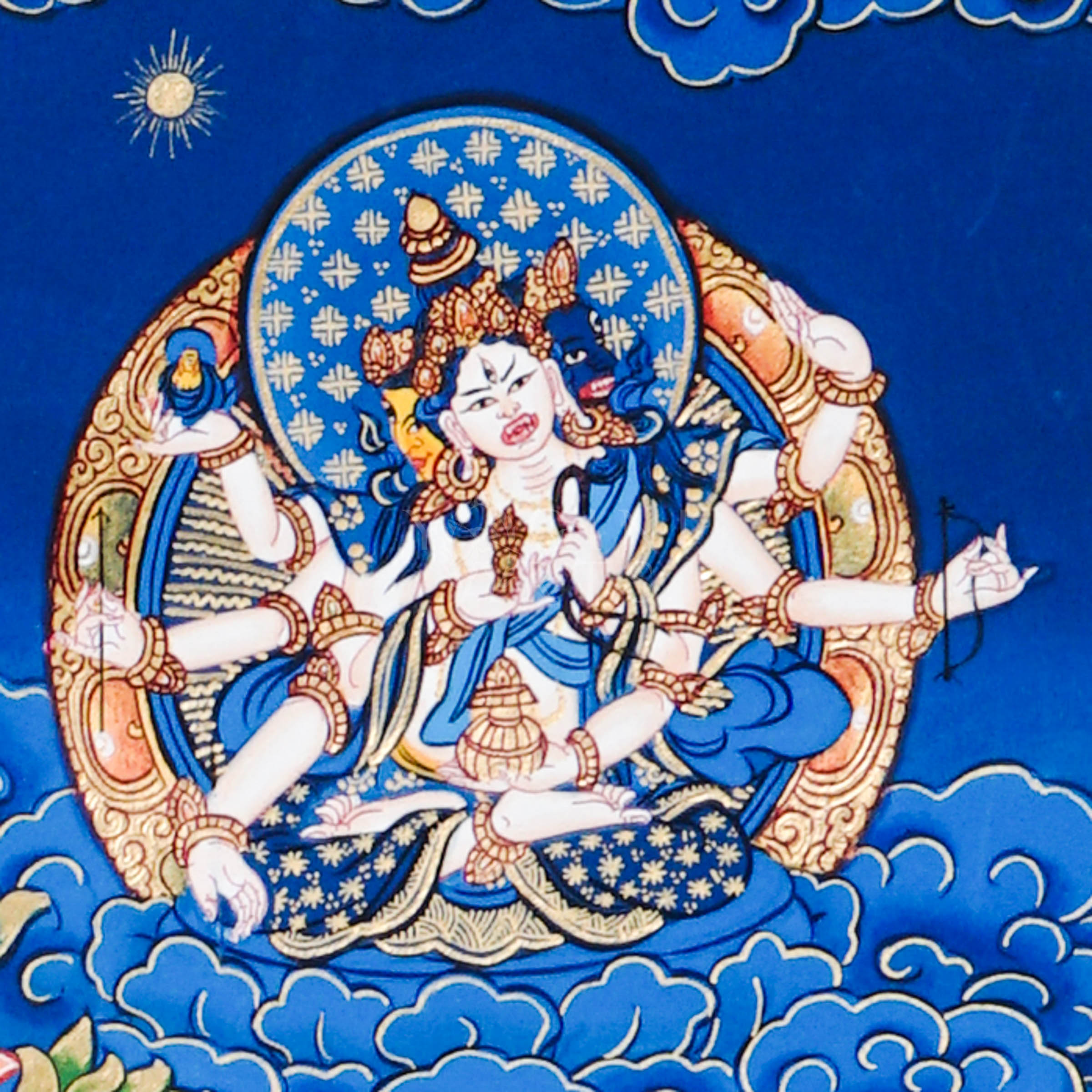 Hand-painted Tibetan thangka of Fusen Fusa (Samantabhadra Bodhisattva) seated on a sacred white elephant surrounded by lotus flowers, celestial deities, and traditional Himalayan Buddhist symbolism