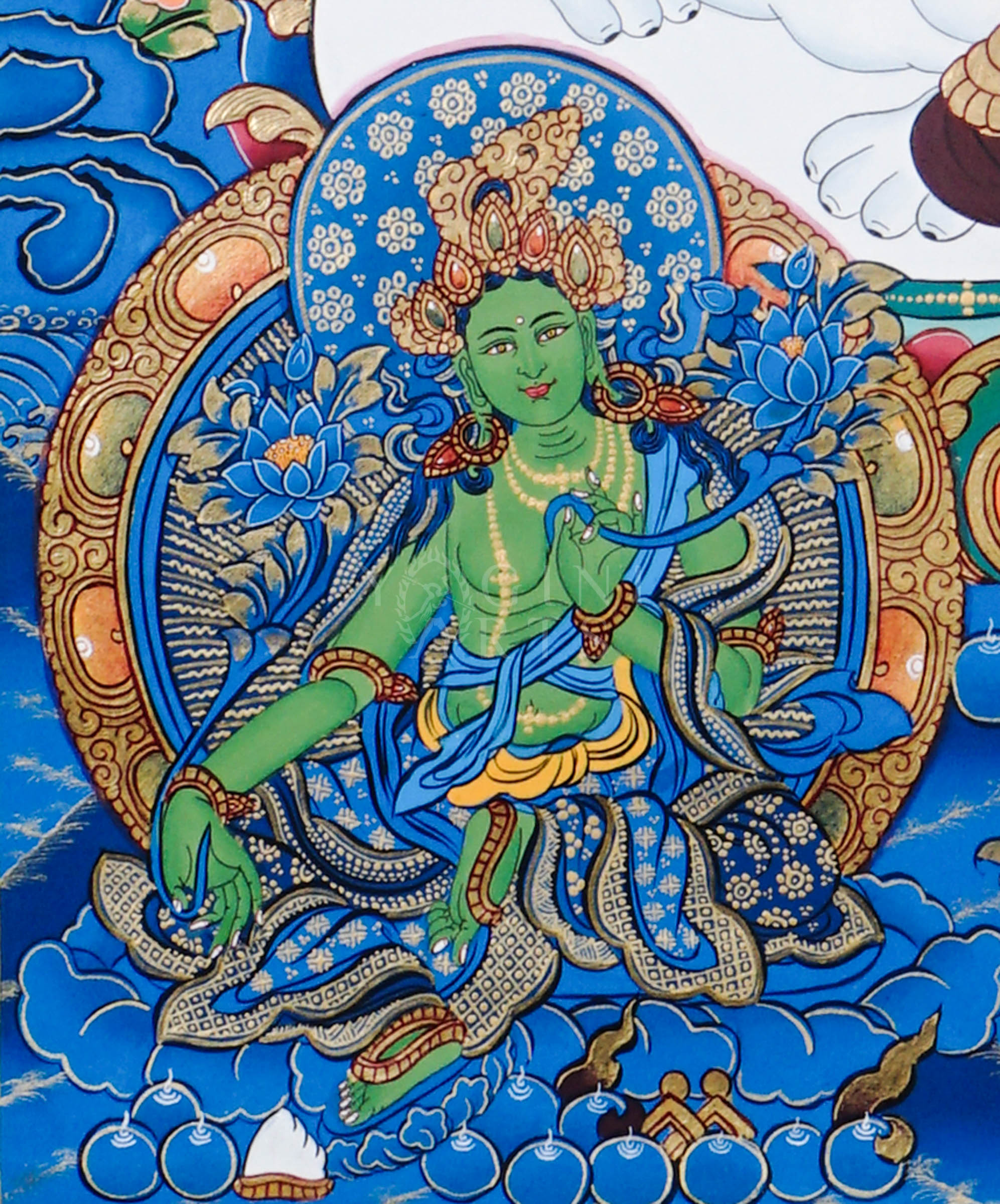 Hand-painted Tibetan thangka of Fusen Fusa (Samantabhadra Bodhisattva) seated on a sacred white elephant surrounded by lotus flowers, celestial deities, and traditional Himalayan Buddhist symbolism