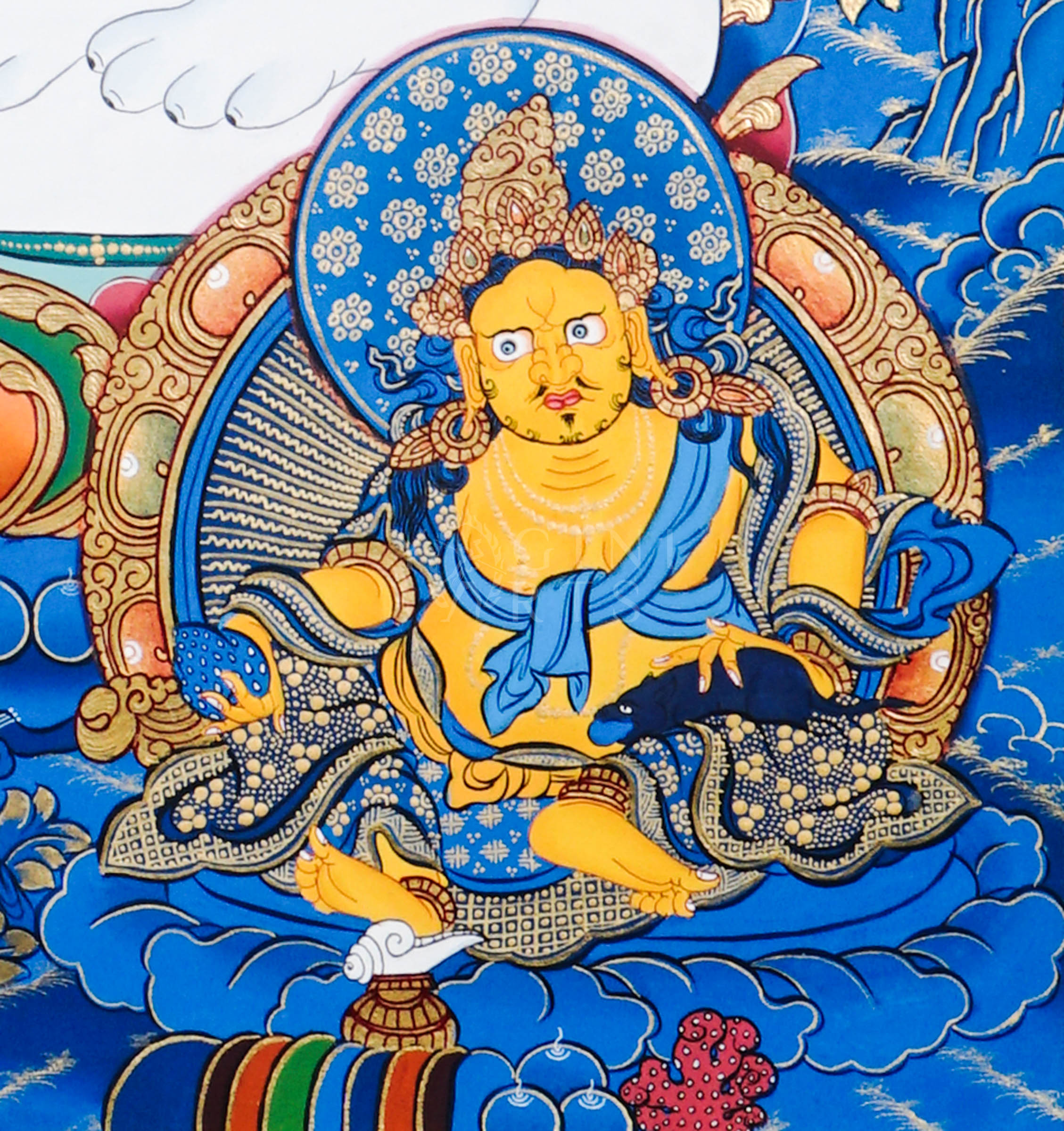 Hand-painted Tibetan thangka of Fusen Fusa (Samantabhadra Bodhisattva) seated on a sacred white elephant surrounded by lotus flowers, celestial deities, and traditional Himalayan Buddhist symbolism