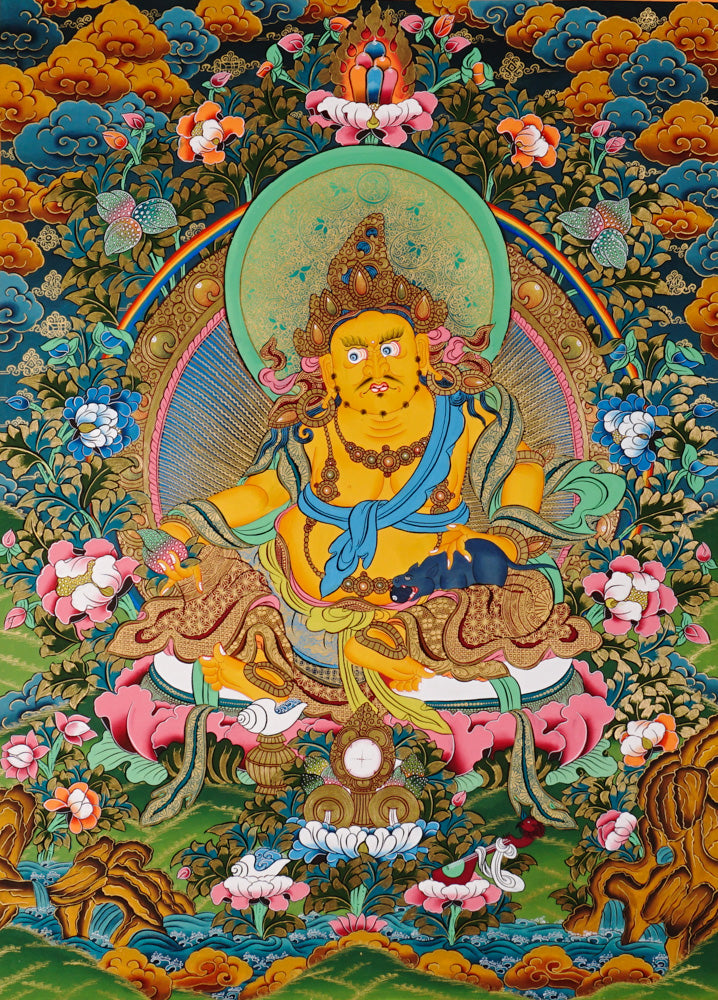 Hand-painted Yellow Zambhala thangka showing wealth deity seated on lotus with mongoose and rainbow halo.