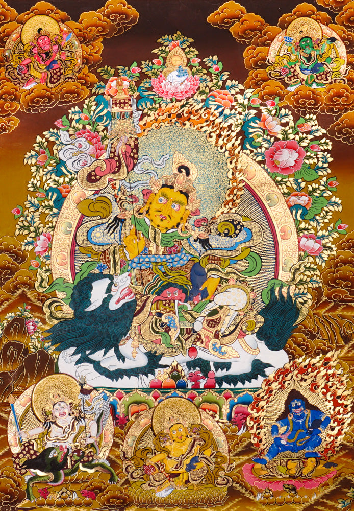 Singh Zambhala thangka with lion mount, attendants, and wealth symbolism.