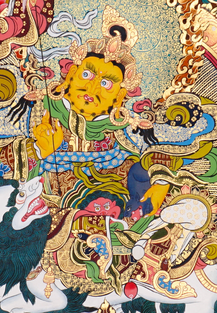Singh Zambhala thangka with lion mount, attendants, and wealth symbolism.