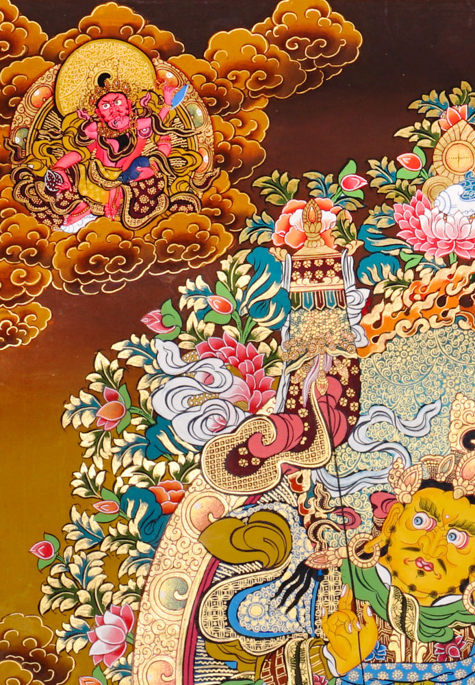 Singh Zambhala thangka with lion mount, attendants, and wealth symbolism.