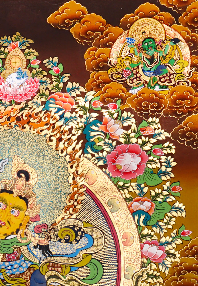 Singh Zambhala thangka with lion mount, attendants, and wealth symbolism.