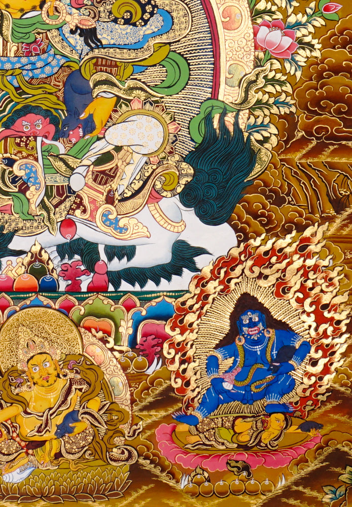 Singh Zambhala thangka with lion mount, attendants, and wealth symbolism.