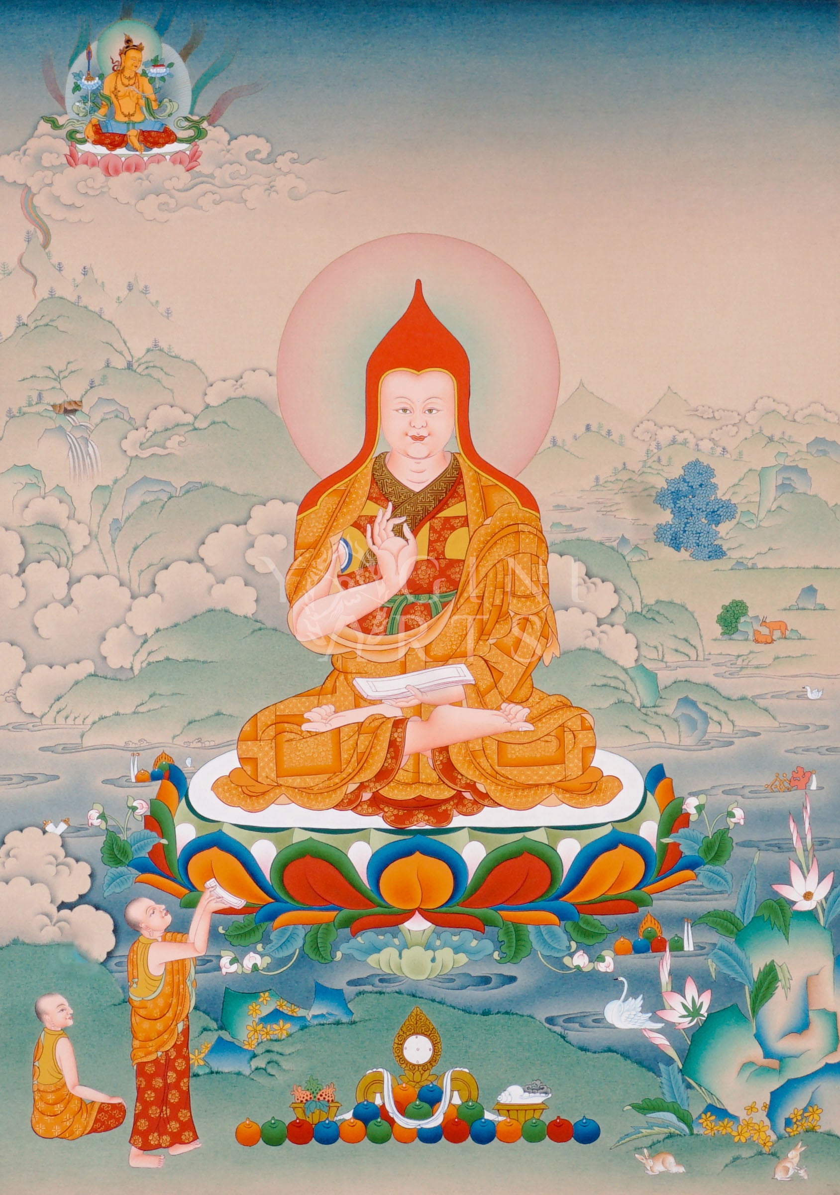 Hand-painted Tibetan thangka featuring Je Tsongkhapa seated on a lotus throne with disciples and Manjushree in a peaceful Himalayan landscape