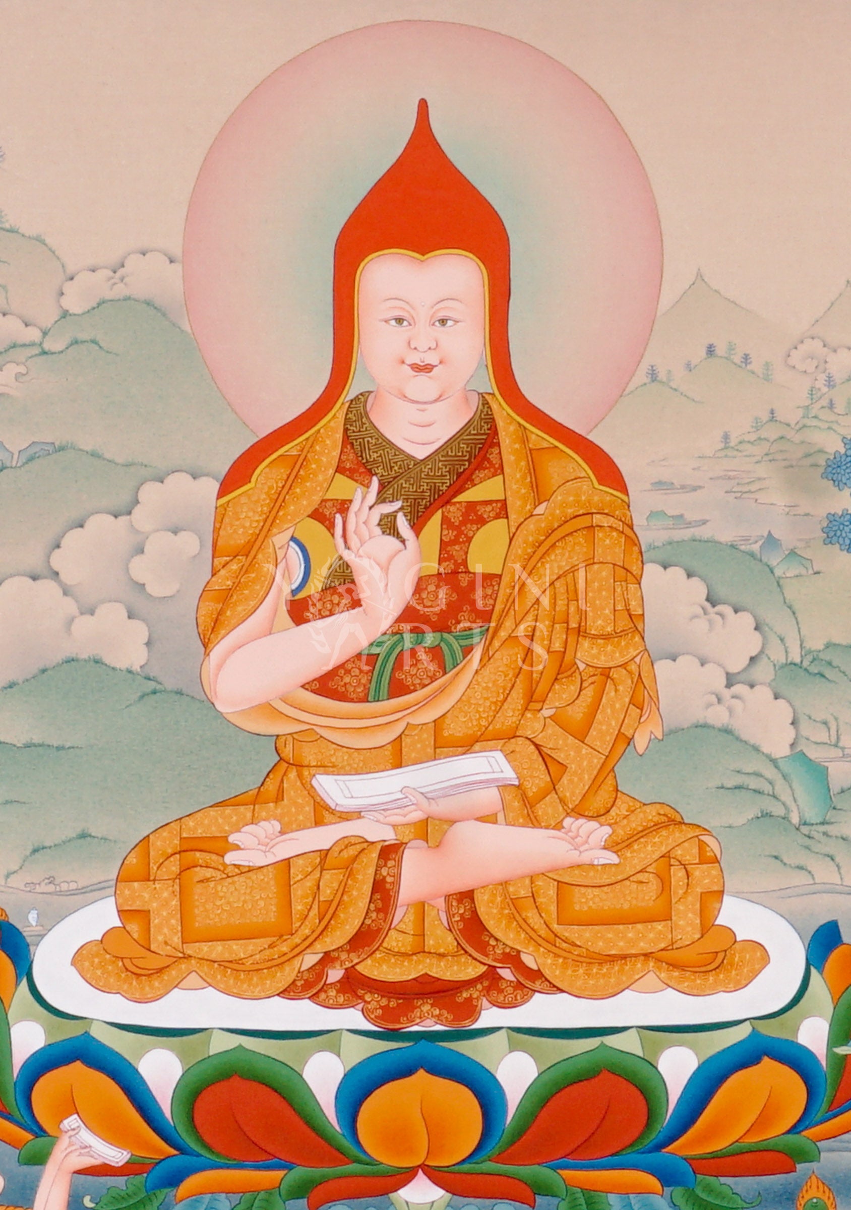 Hand-painted Tibetan thangka featuring Je Tsongkhapa seated on a lotus throne with disciples and Manjushree in a peaceful Himalayan landscape