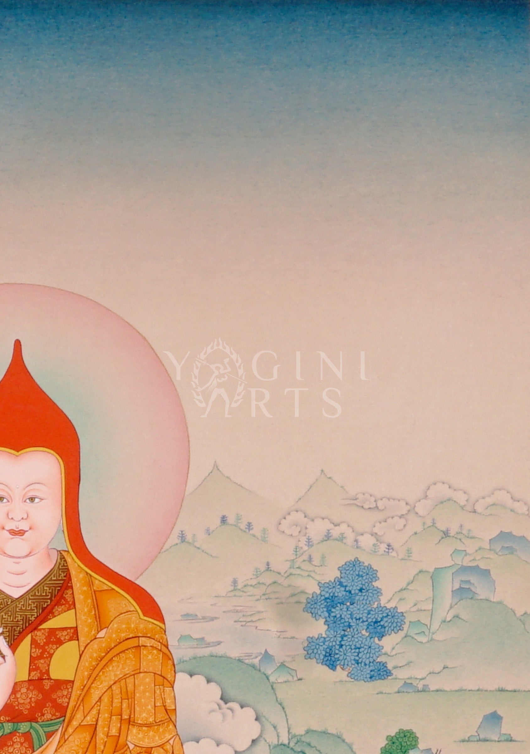 Hand-painted Tibetan thangka featuring Je Tsongkhapa seated on a lotus throne with disciples and Manjushree in a peaceful Himalayan landscape