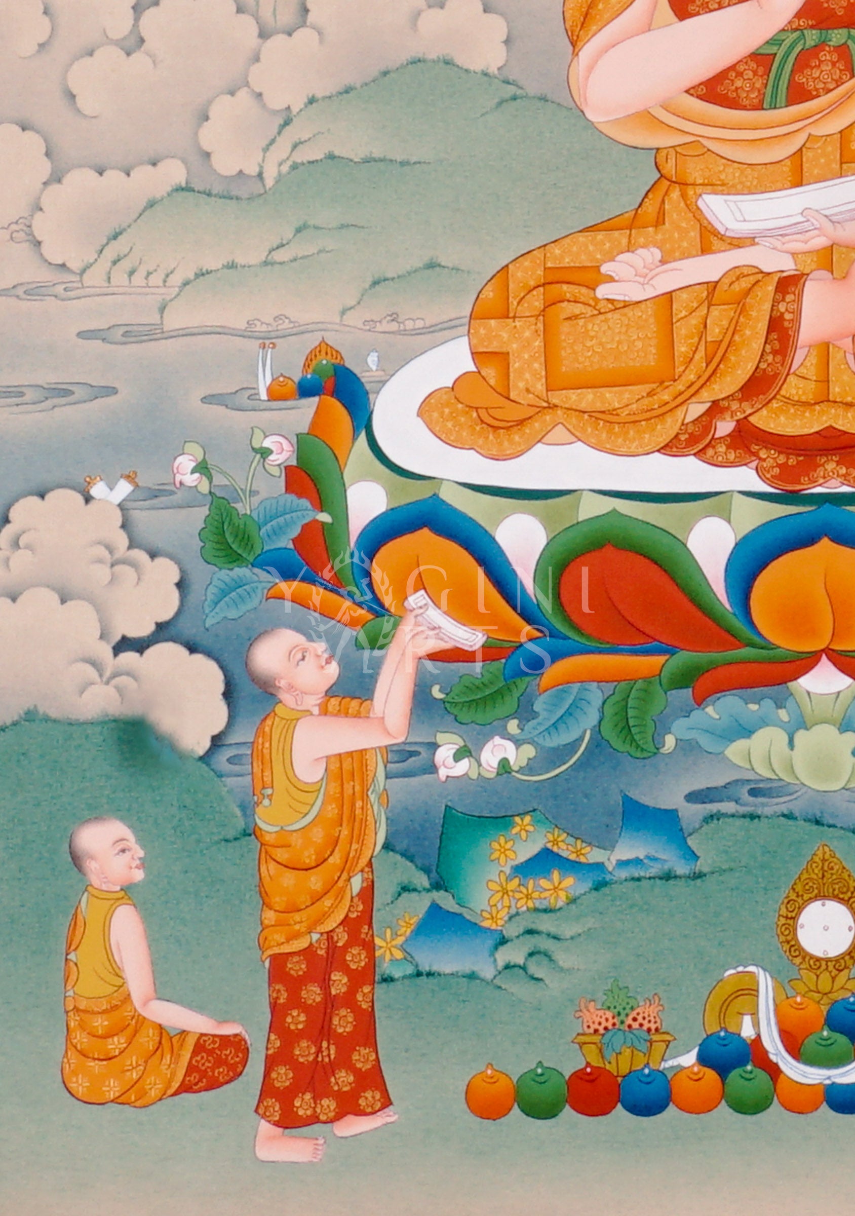 Hand-painted Tibetan thangka featuring Je Tsongkhapa seated on a lotus throne with disciples and Manjushree in a peaceful Himalayan landscape