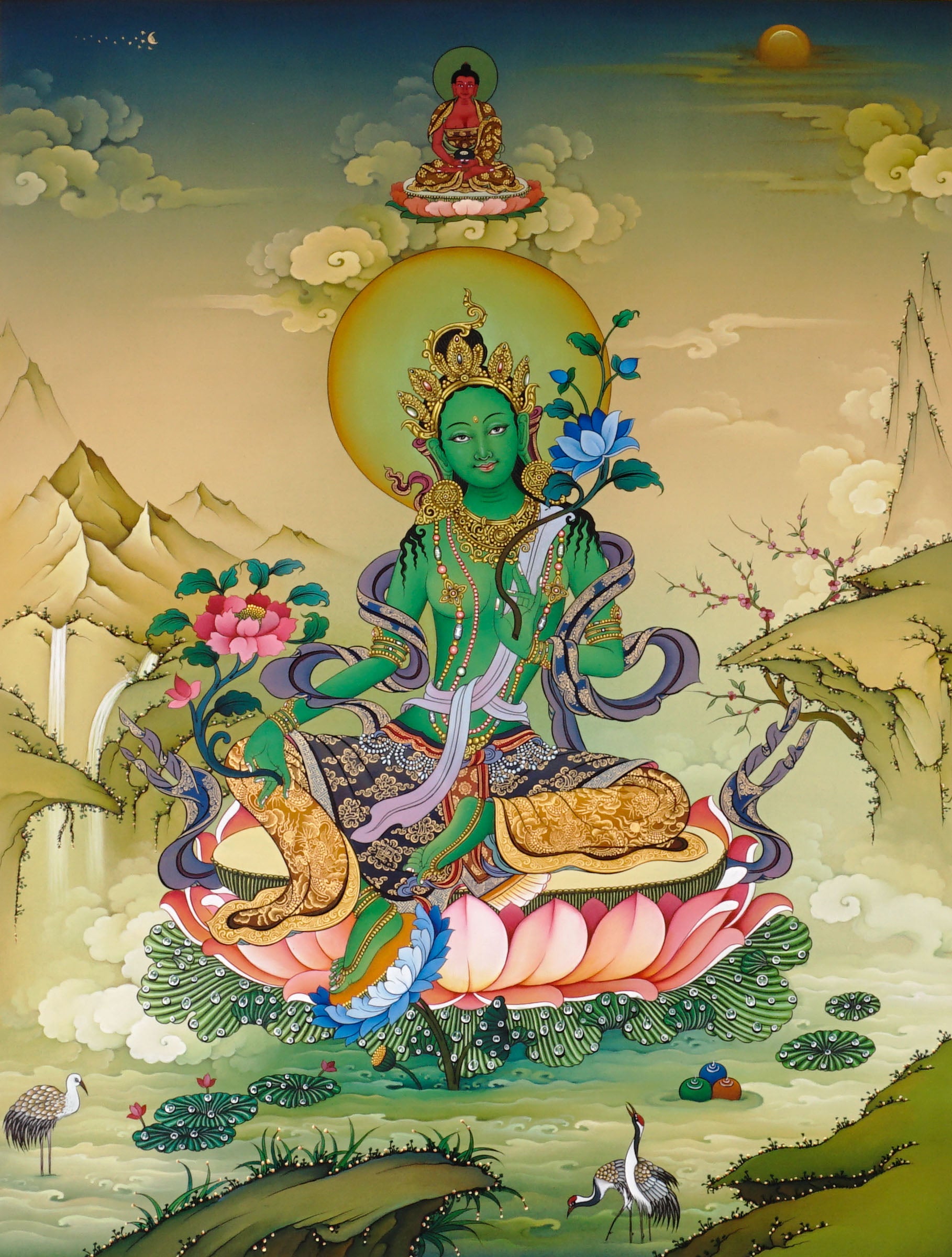 Hand-painted Green Tara thangka showing Tibetan Buddhist goddess seated on lotus throne holding blue utpala lotus, with Amitabha above and Himalayan landscape background.