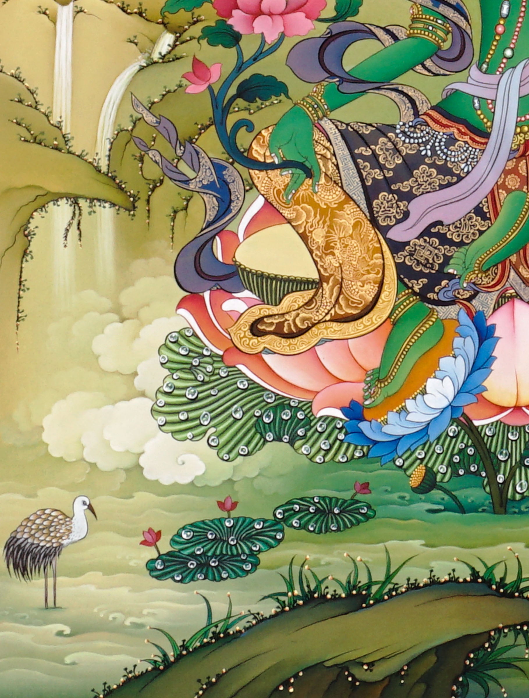 Hand-painted Green Tara thangka showing Tibetan Buddhist goddess seated on lotus throne holding blue utpala lotus, with Amitabha above and Himalayan landscape background.