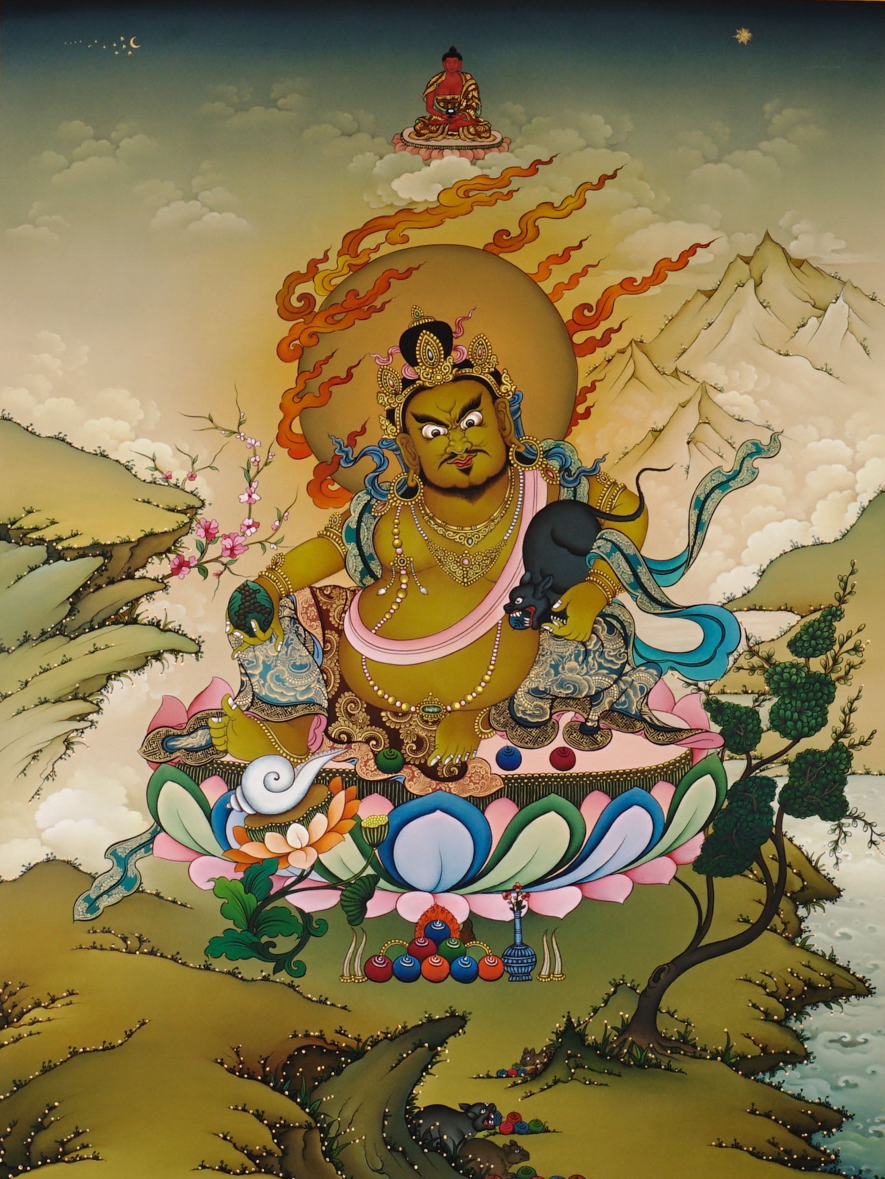 Hand-Painted Yellow Dzambhala Thangka – Tibetan Wealth Deity with Flaming Halo