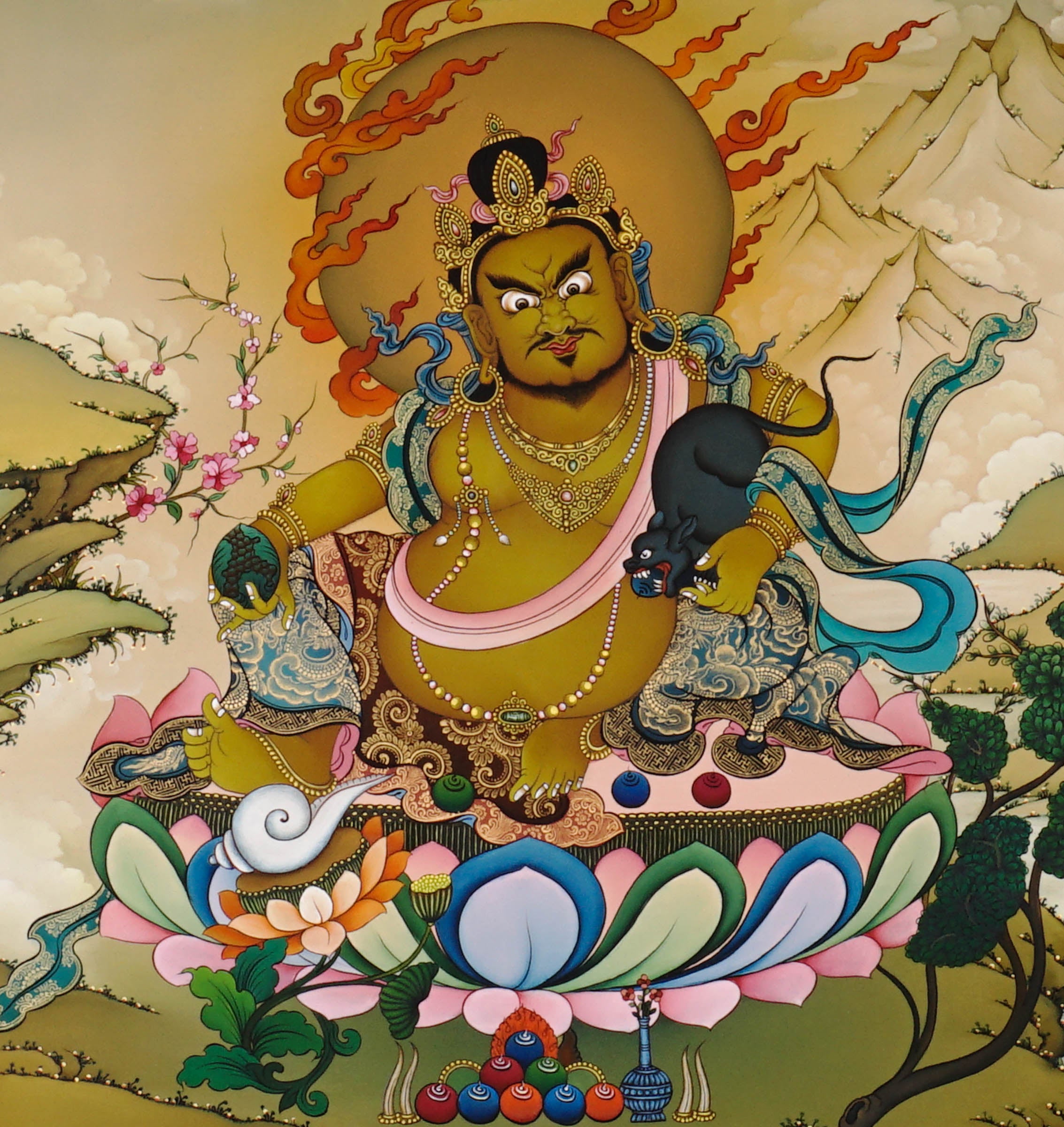 Hand-Painted Yellow Dzambhala Thangka – Tibetan Wealth Deity with Flaming Halo